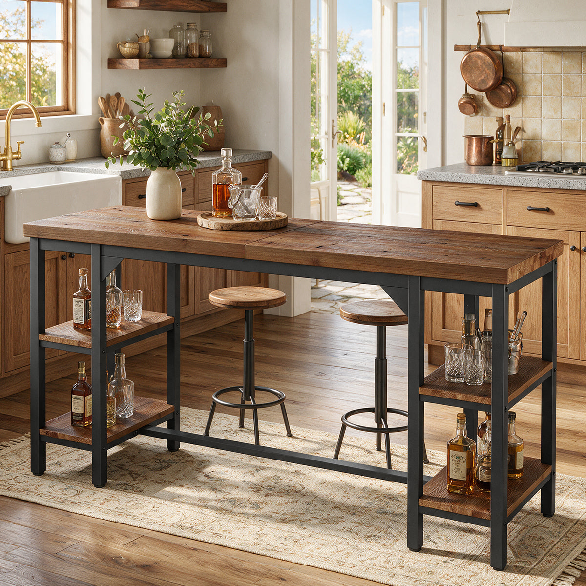 79" Industrial Bar Height Table with 2-Tier Side Storage, Rectangular Pub Table