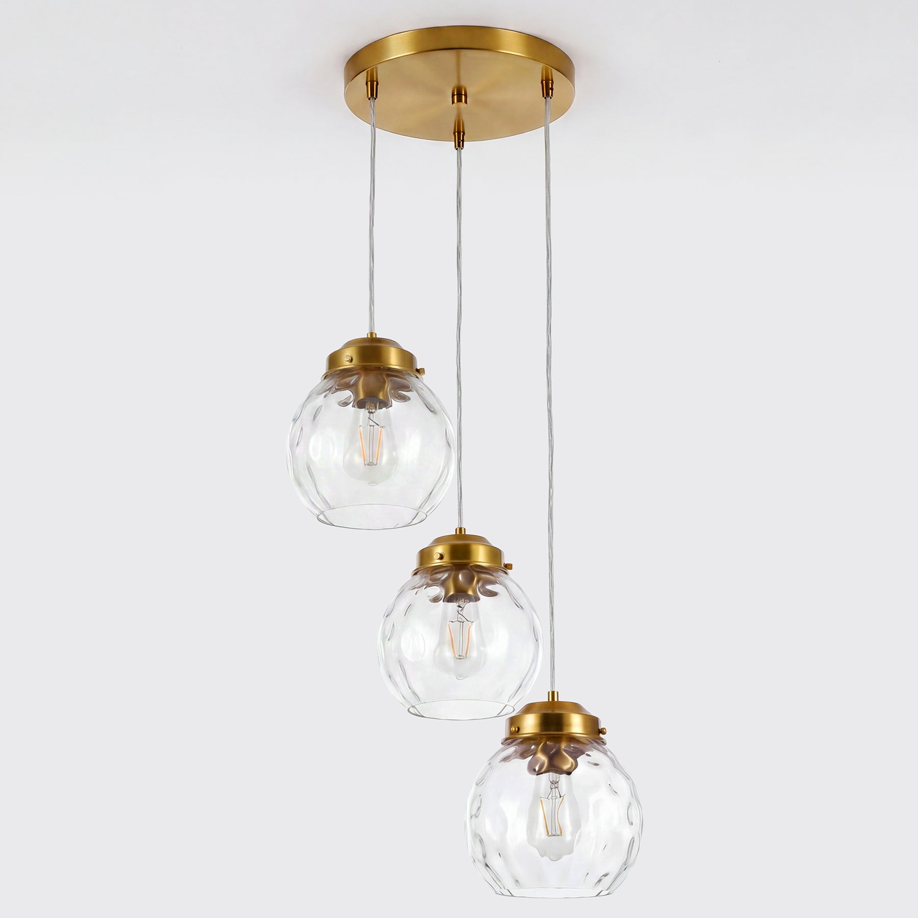 3-Light Pendant Lighting Fixtures with Adjustable Hanging Cords, Hammered Glass Globe Shades
