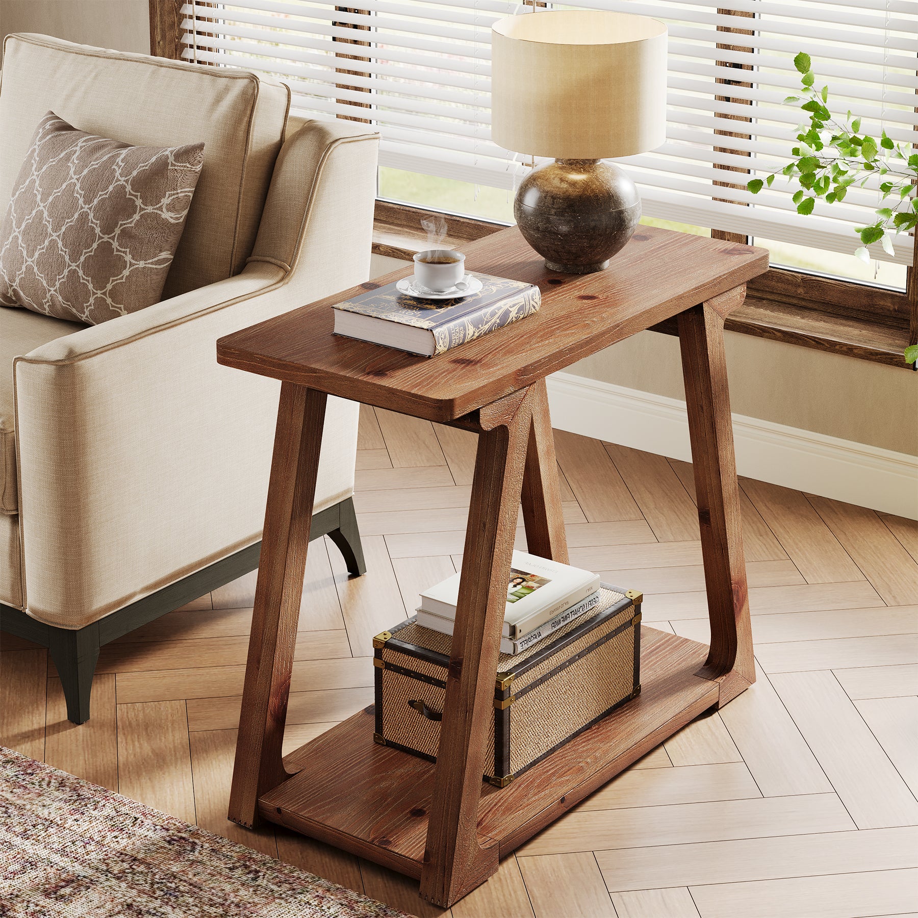 Solid Wood End Table, Narrow Side Table Nightstand with 2-Tier
