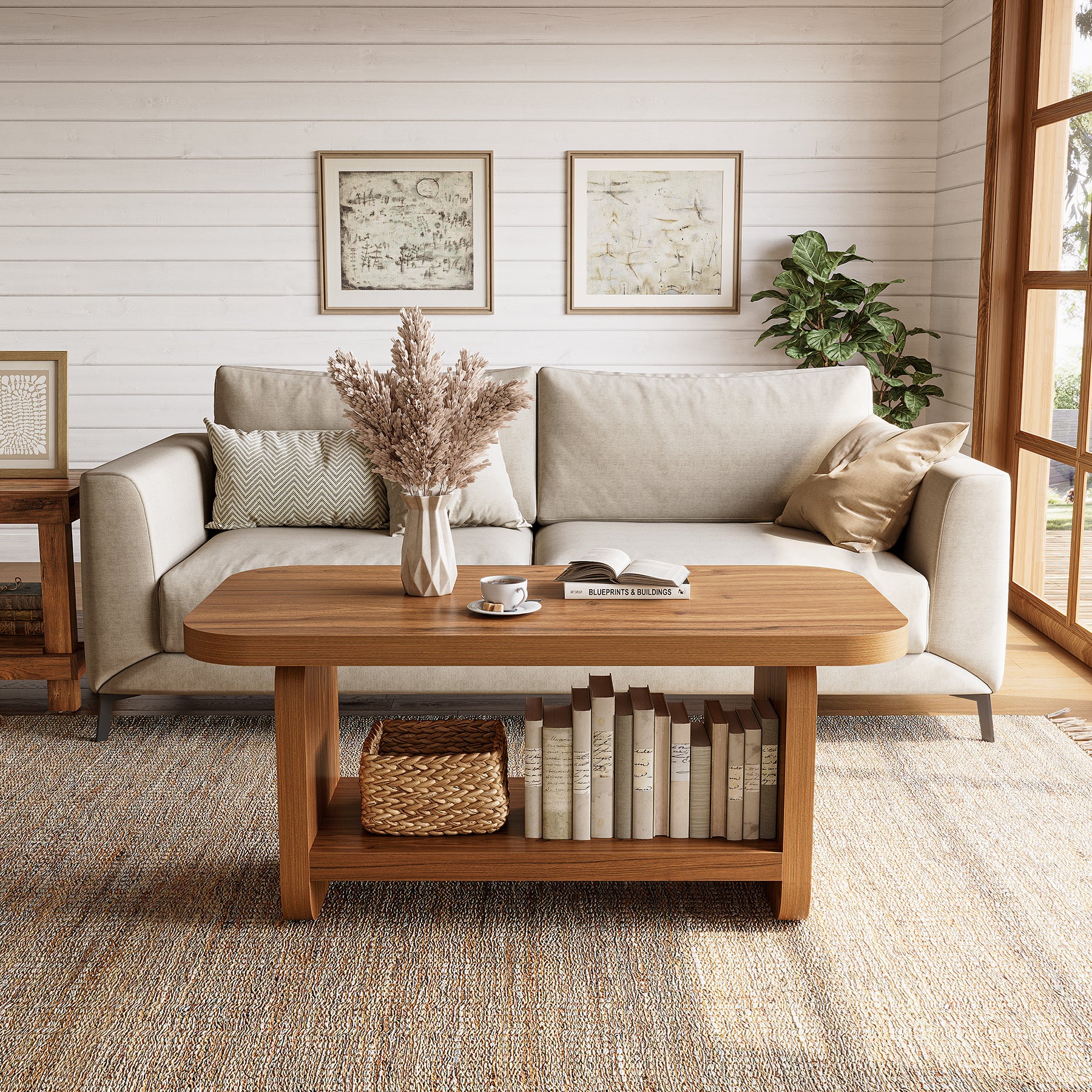 47.2" Coffee Table, Modern Farmhouse Center Table with Open Storage