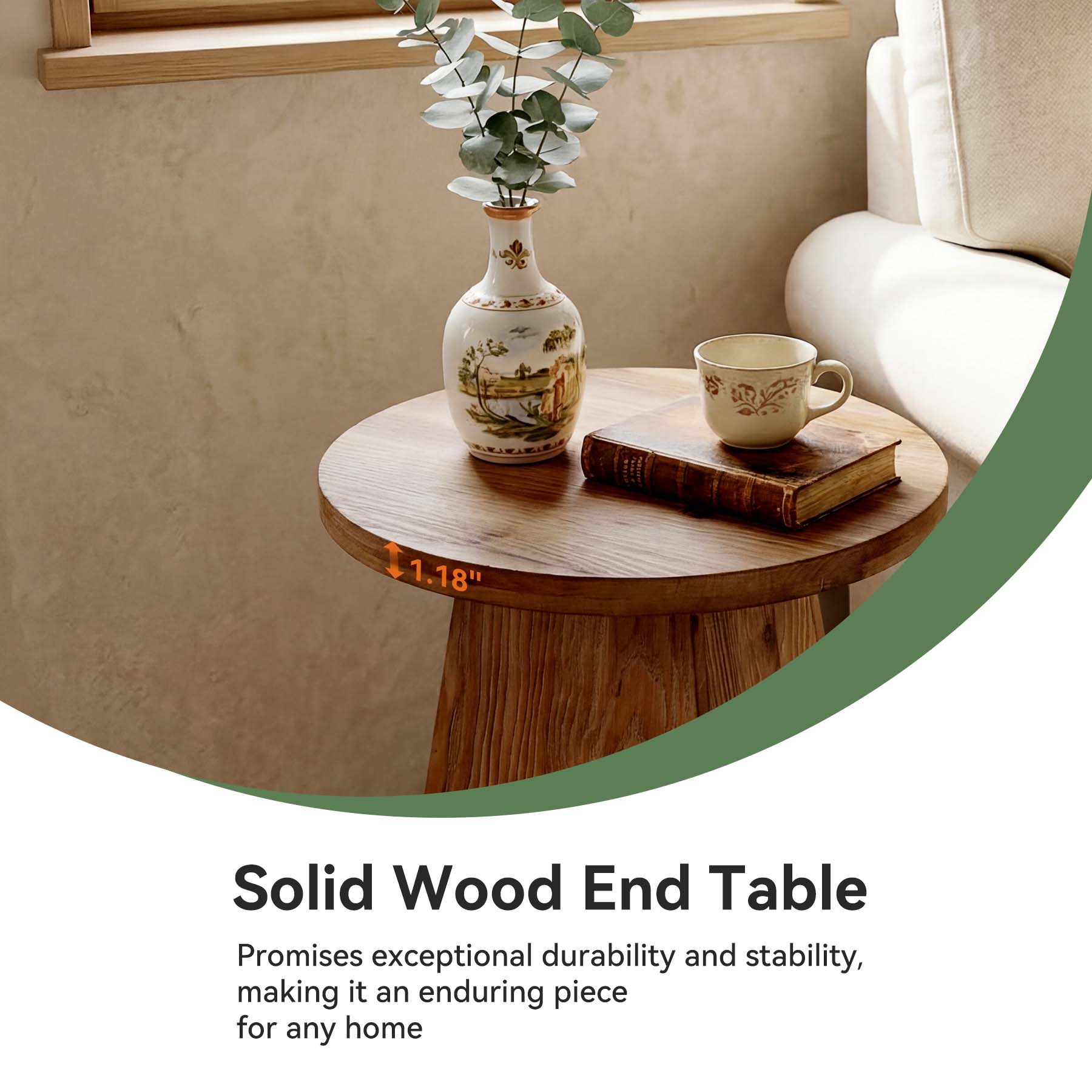 18.9 Inch Solid Wood End Table with Trapezoid Base, Round Side Table for Living Room Small Spaces