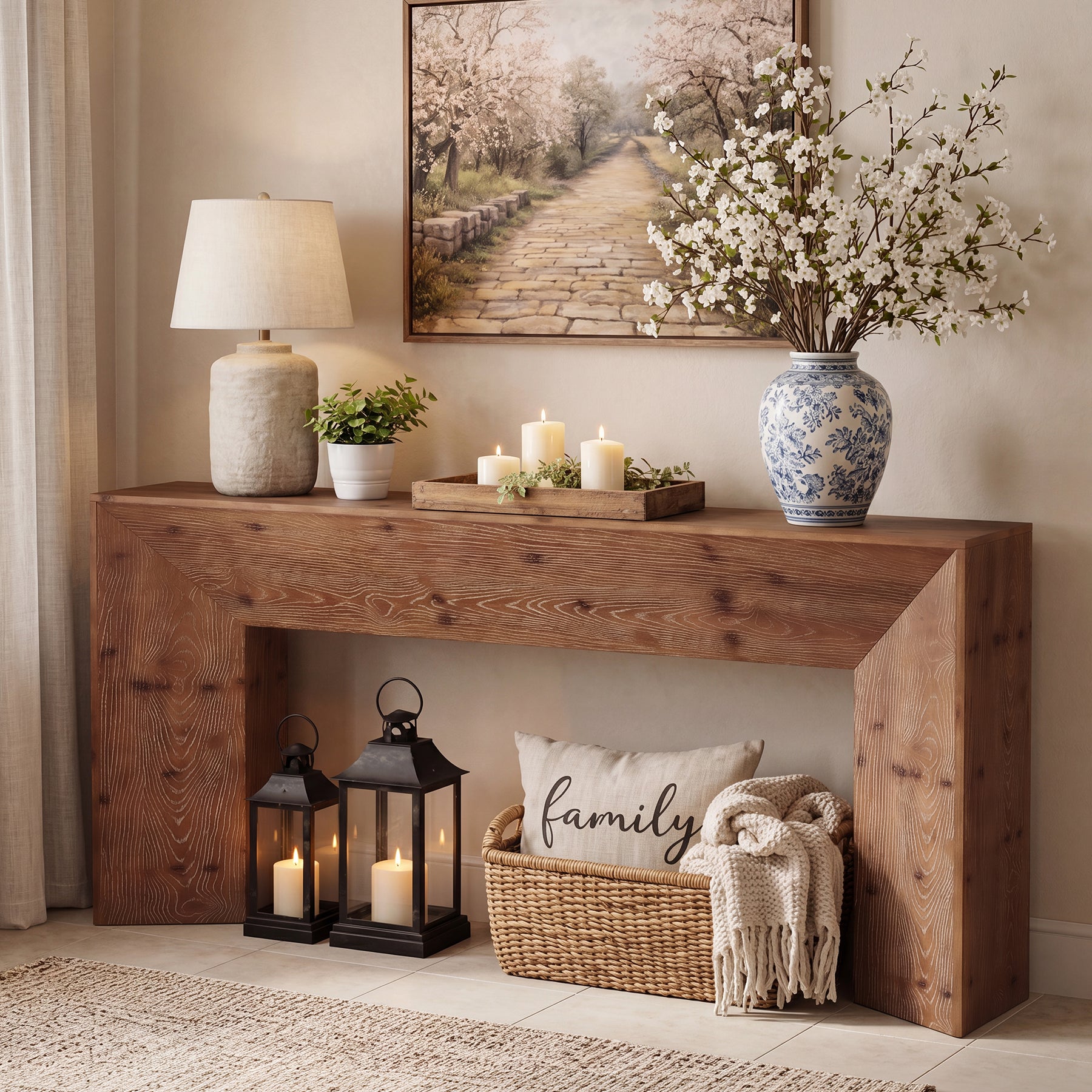 70.9"Solid Wood Console Table, Farmhouse Entryway Table with Hidden Back Storage for Hallway