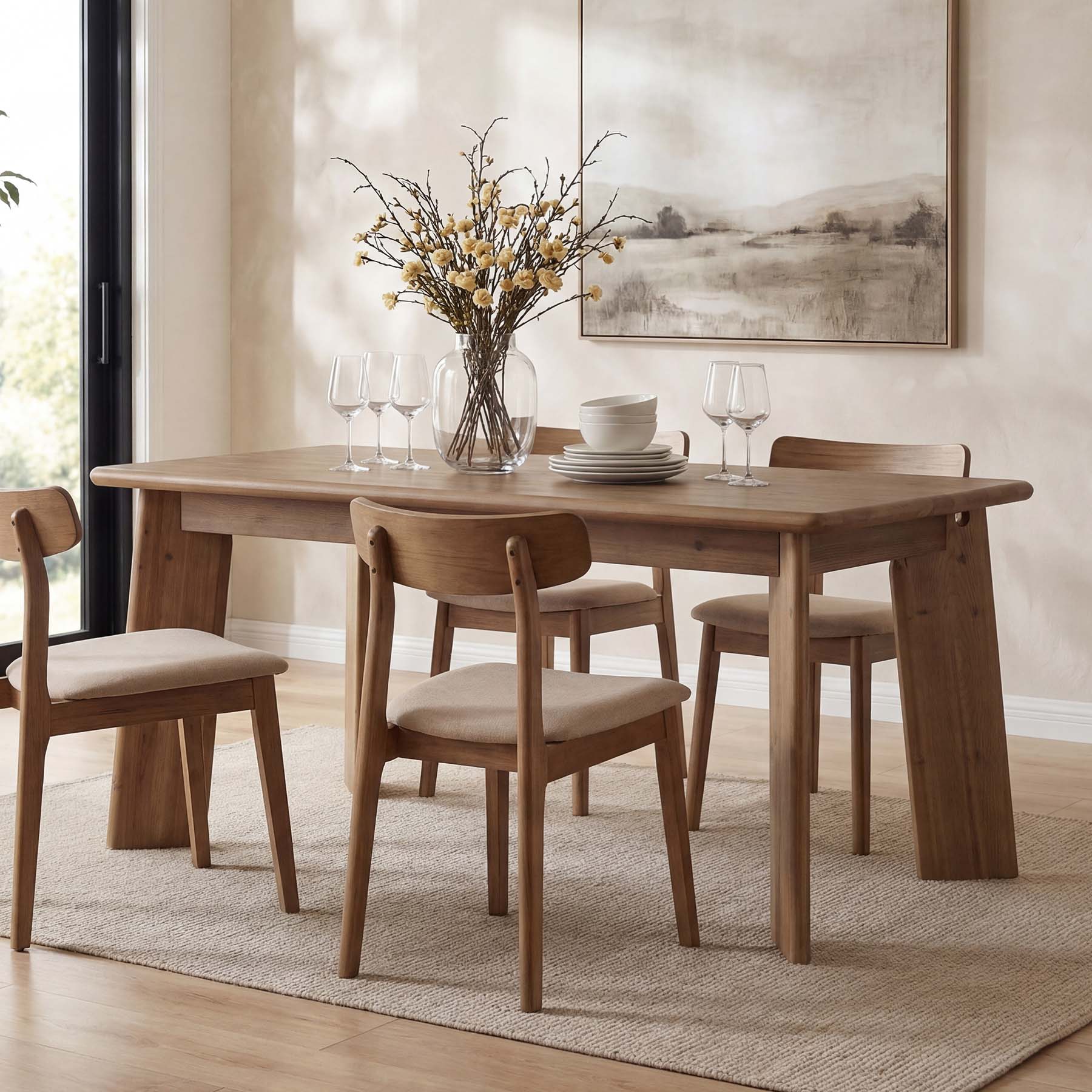 63" Solid Wood Dining Table for 4-6, Rectangular Farmhouse Kitchen & Dining Room Table with Angled Legs, Vintage Style