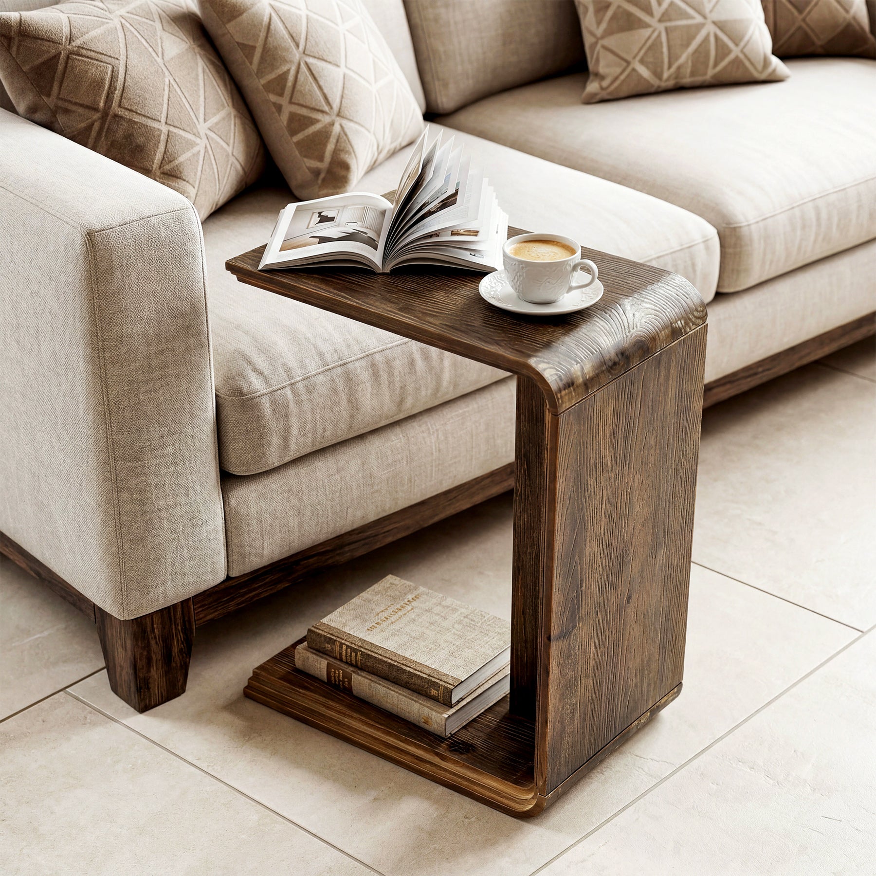 C-Shaped Solid Wood End Table for Sofa Side, Narrow Side Table for Living Room and Bedroom