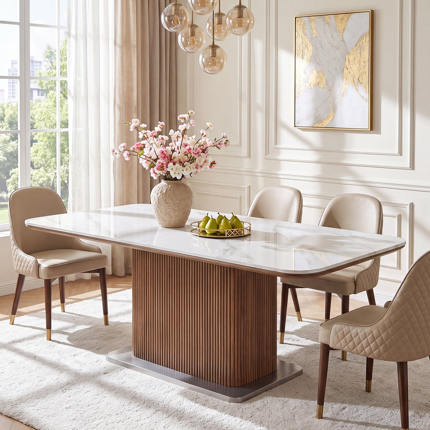 63" Sintered Stone Dining Table, Rectangle Kitchen Table with Solid Wood Fluted Base for 4-6