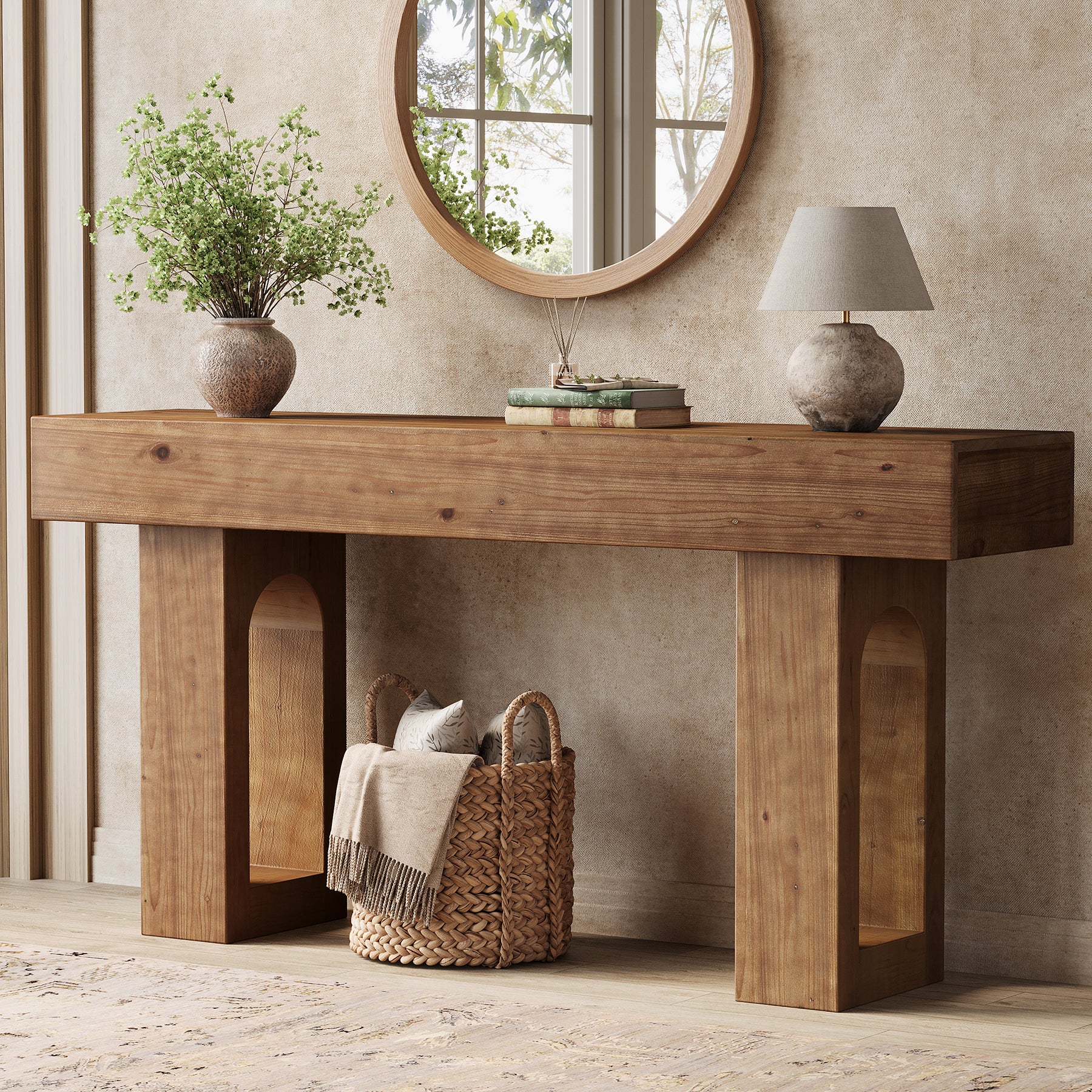 Solid Wood Console Table, 63" Farmhouse Entryway Sofa Table Behind Couch