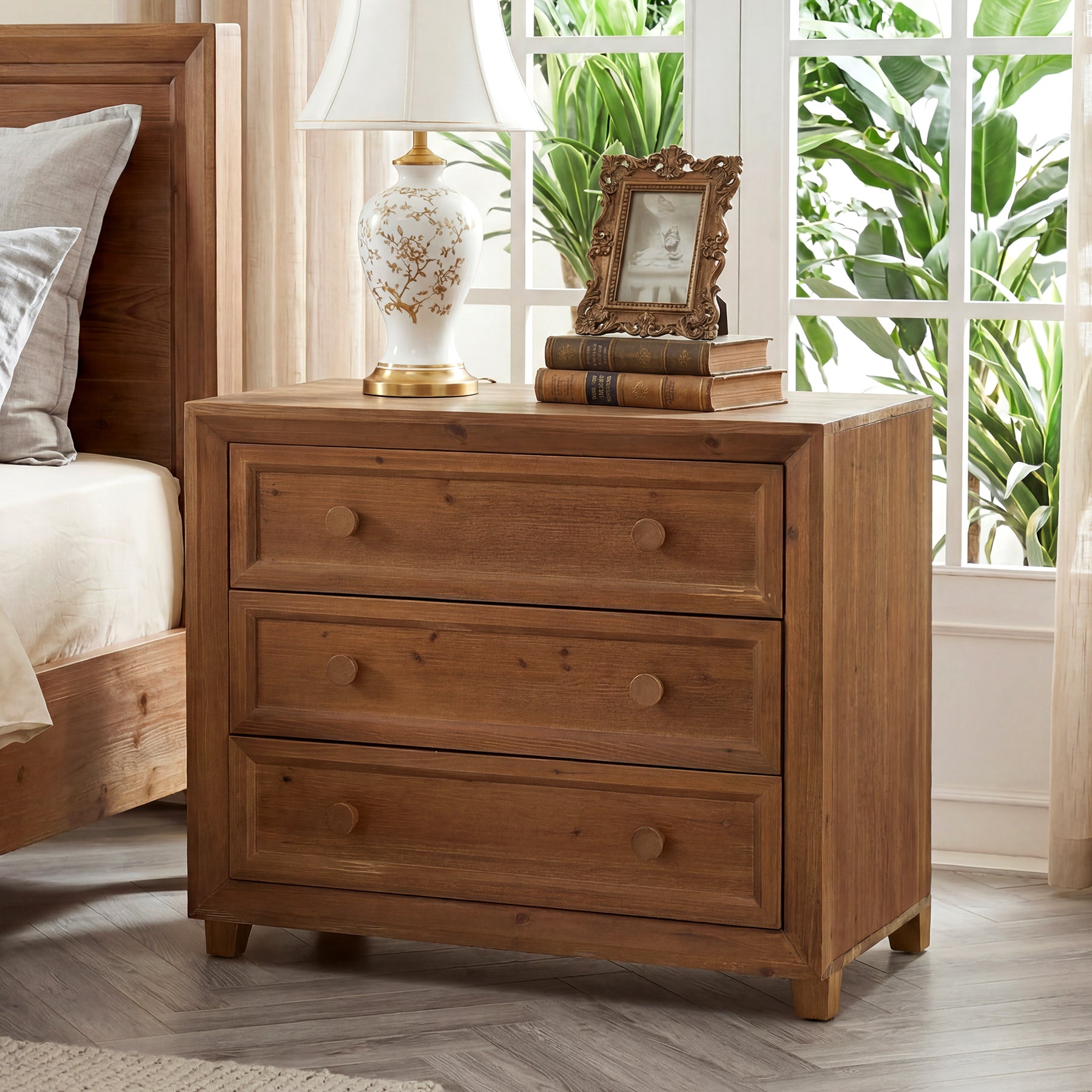 31.5" Wide Nightstand, Solid Wood Bedside Table with 3 Drawers