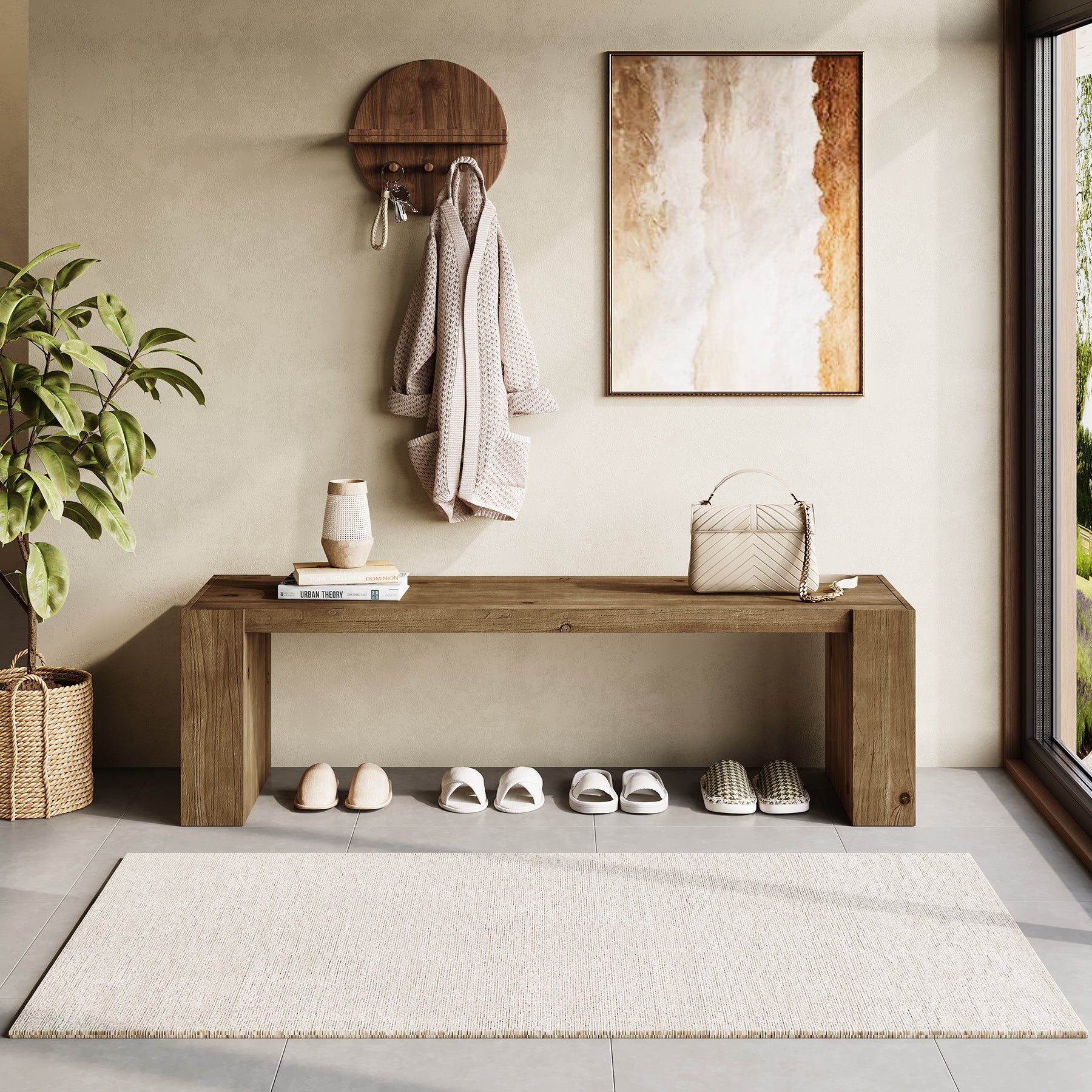 59" Entryway Bench, Solid Wood Bench Seat TV Stand with Sturdy Frame