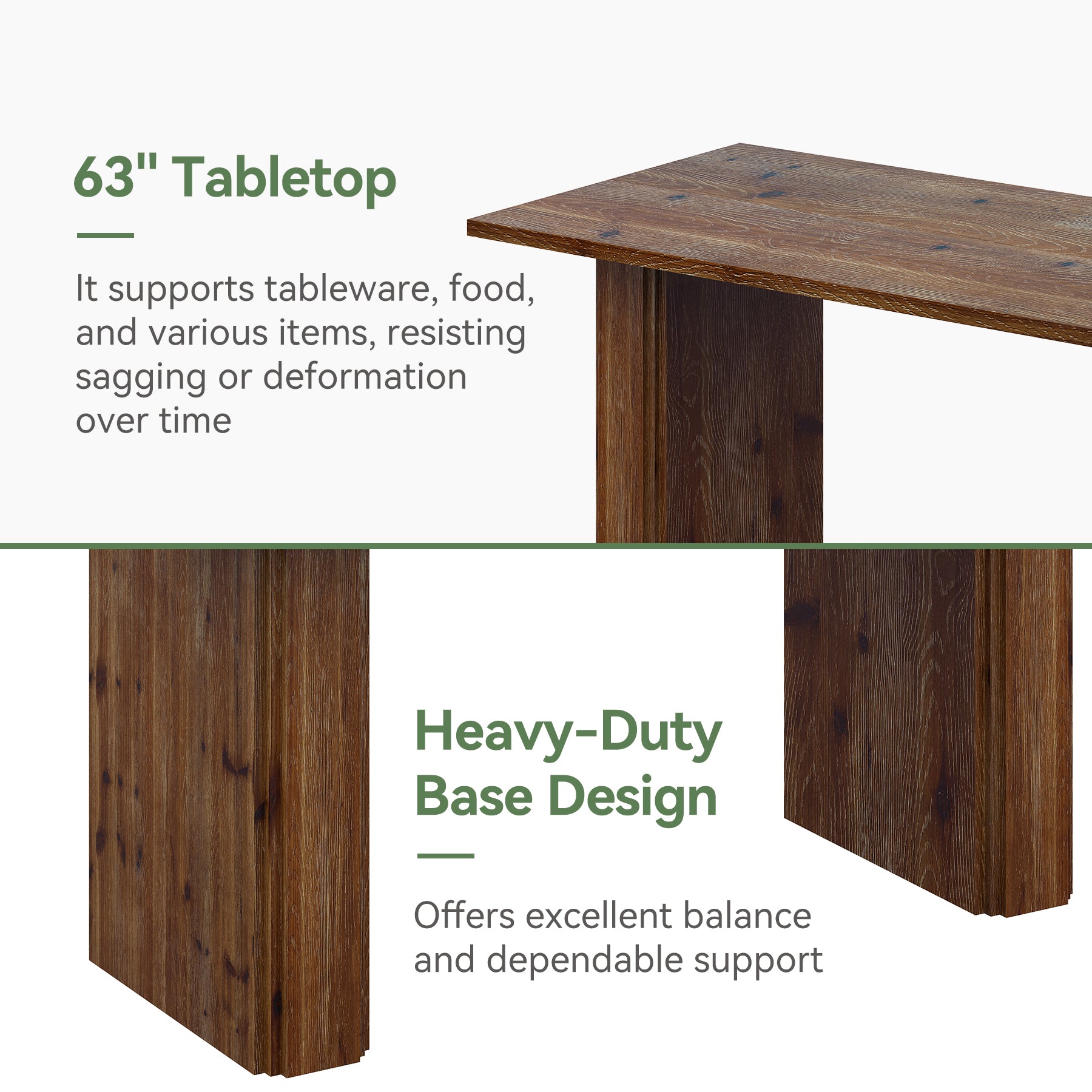 63” Solid Wood Farmhouse Dining Table for 4–6, Rectangular Kitchen Table with Pedestal Base