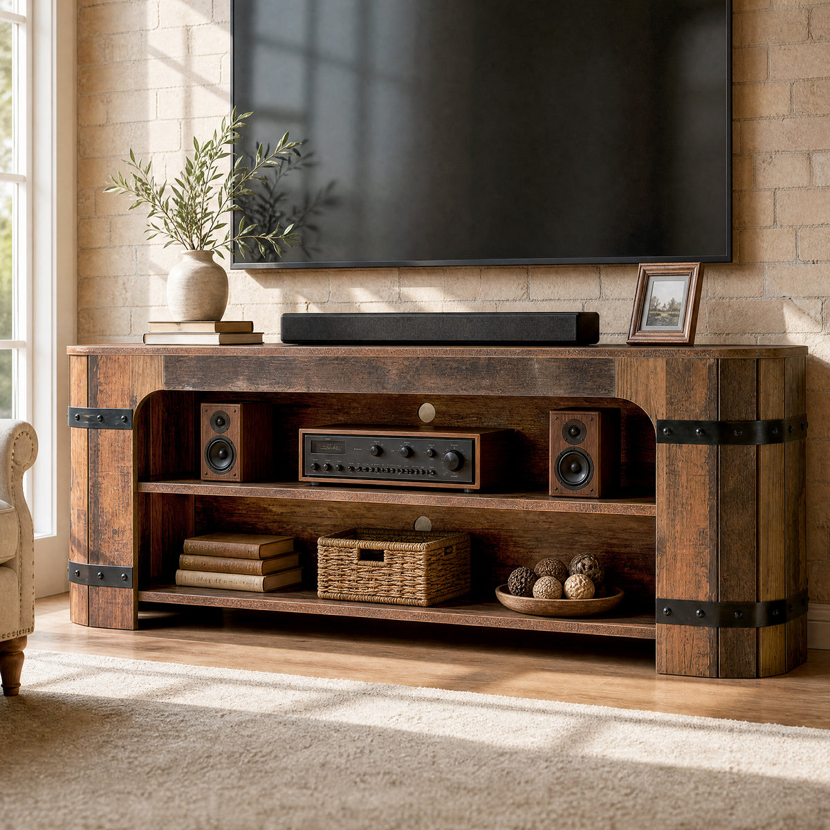 63" TV Stand for 70" TVs, 3-Tier Entertainment Center with 2 Cable Cutouts for Living Room