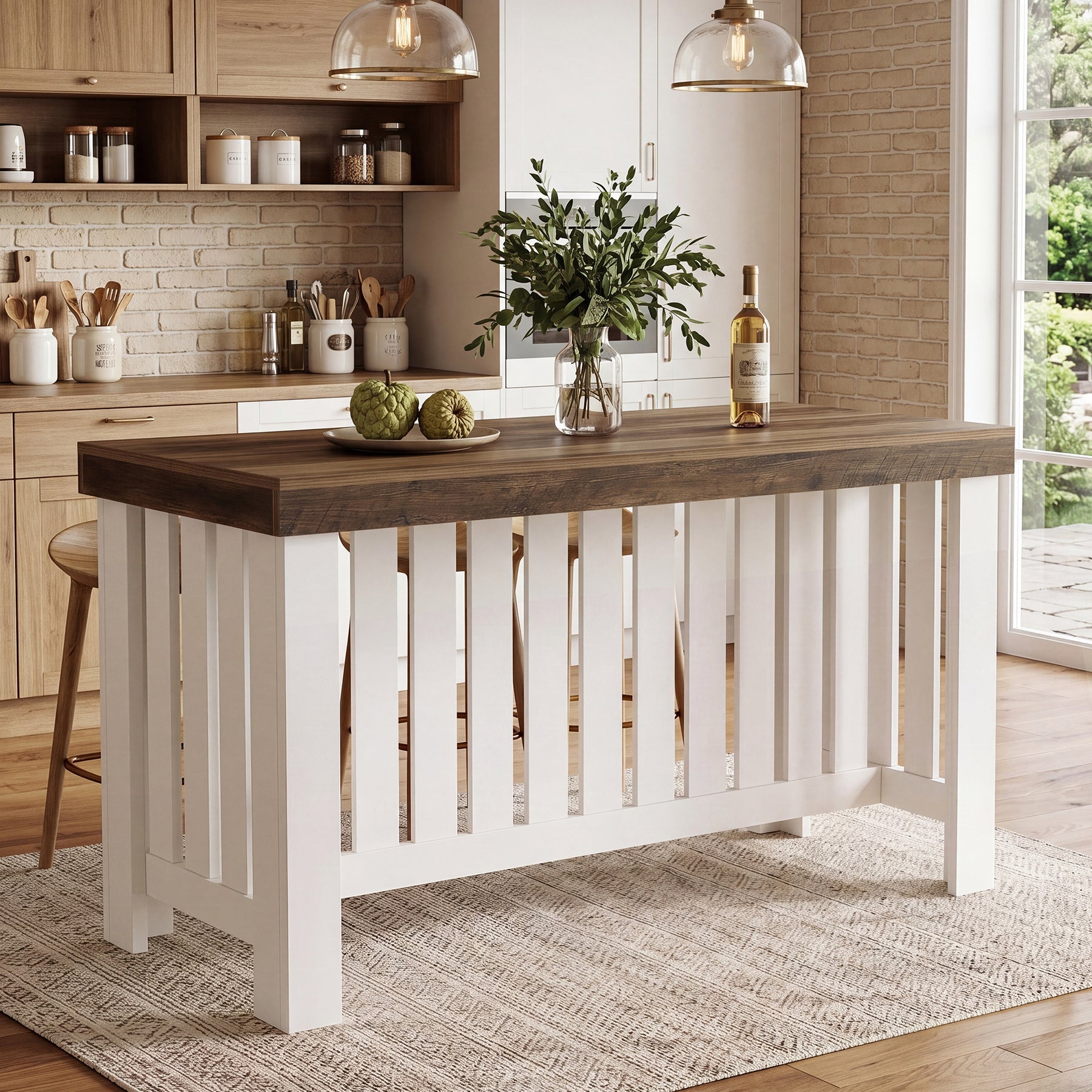 55" Kitchen Island, Farmhouse Stationary Table with Sturdy Base for Kitchen