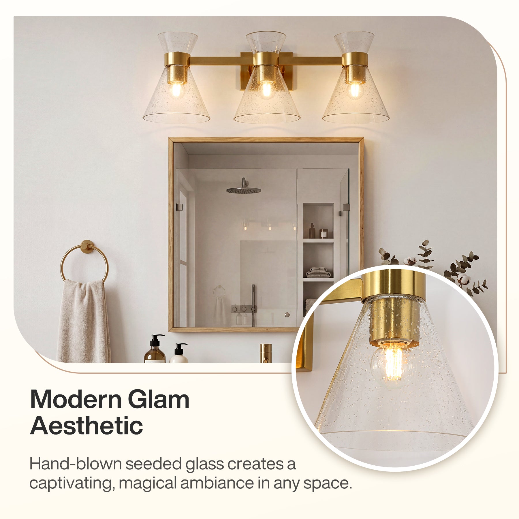 3-Light Bathroom Vanity Light, Seeded Glass Wall Light Fixtures Damp-Rated