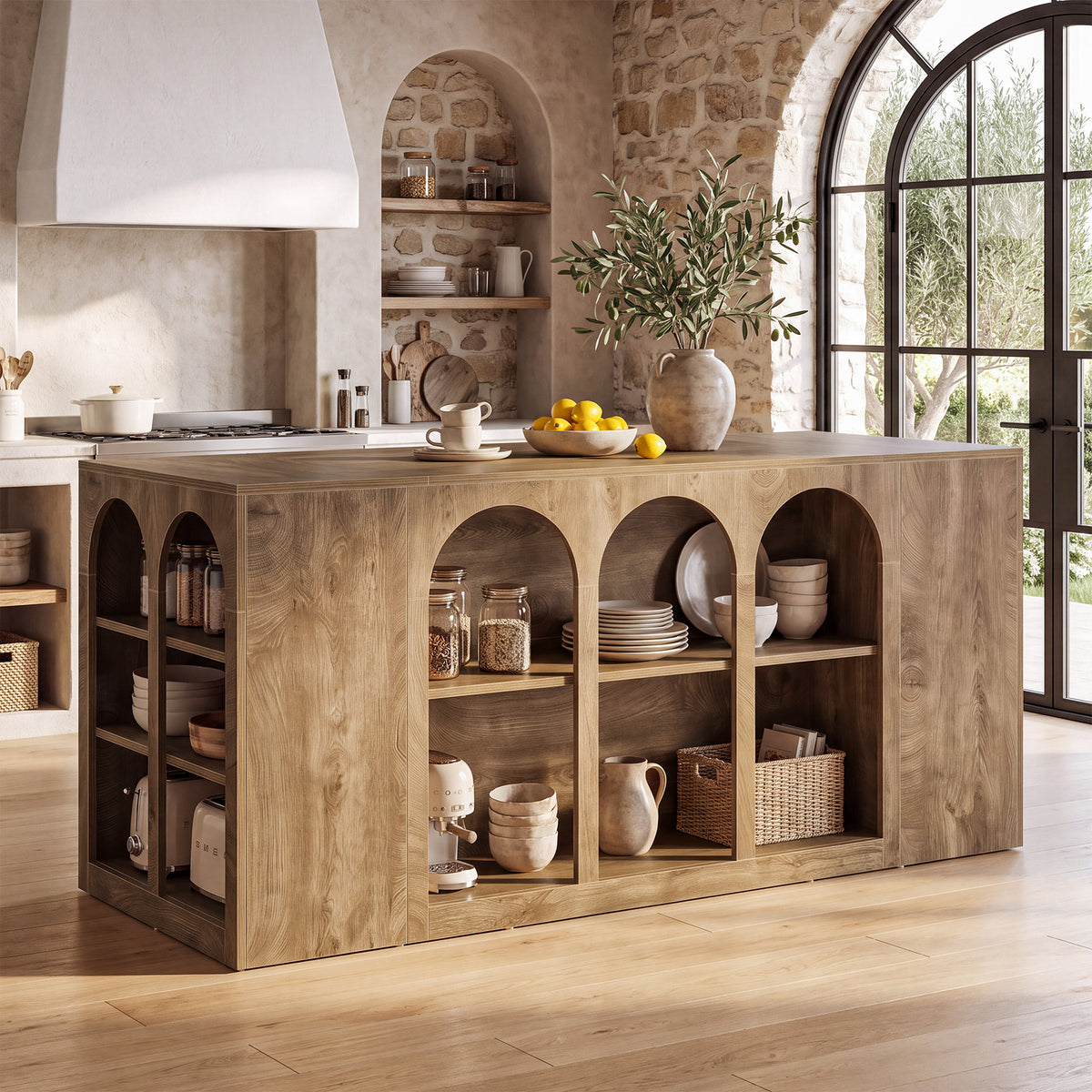 79" Kitchen Island Table with Seating Space, Farmhouse Arched Open Storage Shelves