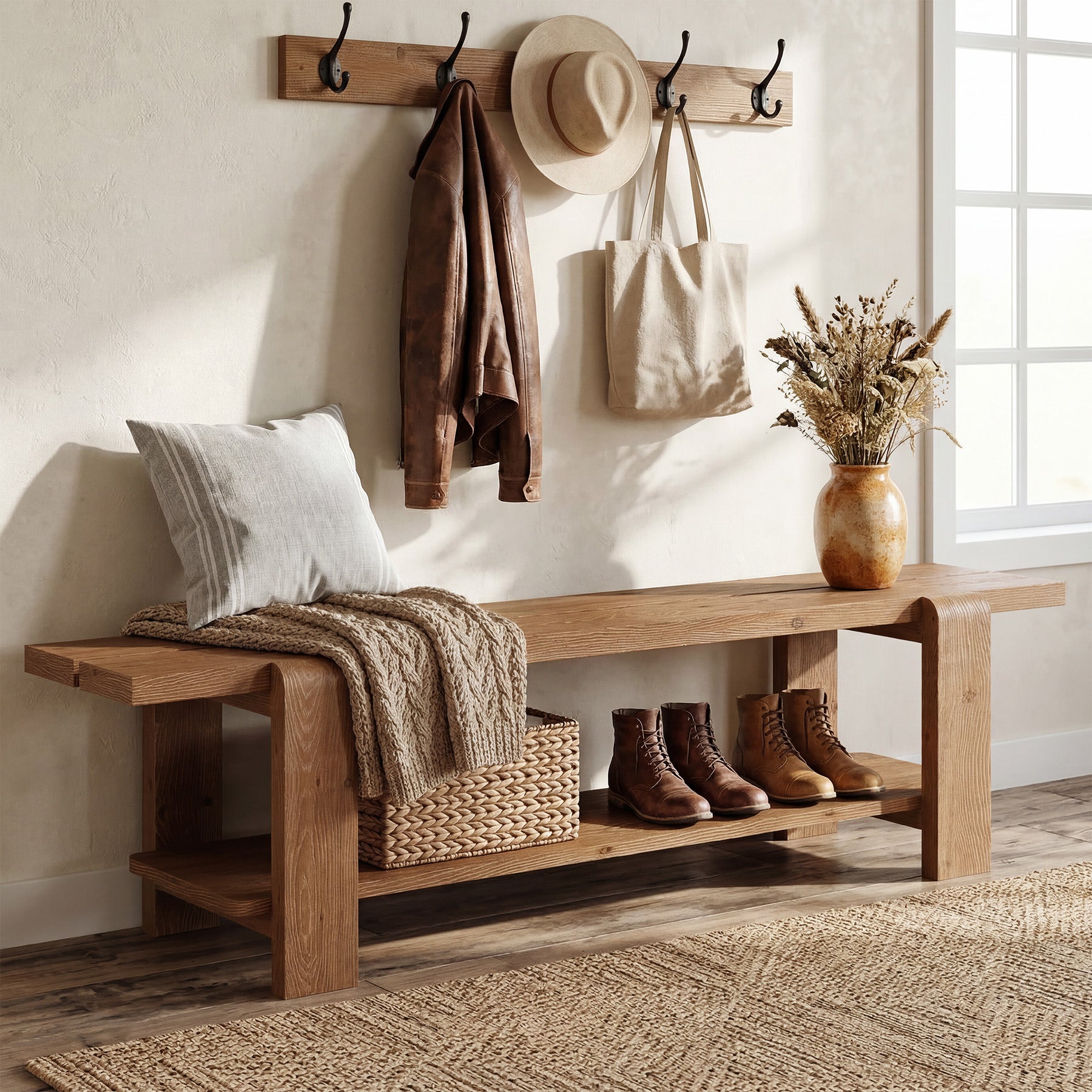 Solid Wood Entryway Bench, 63" End of Bed Bench with Shoe Storage Shelf