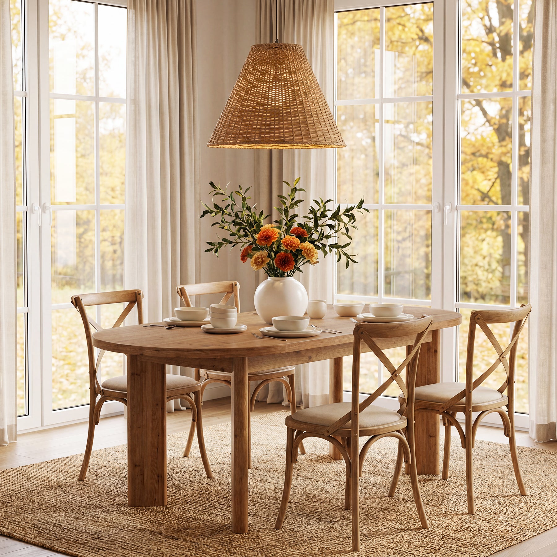 63" Oval Dining Table, Farmhouse Solid Wood Kitchen Table with Chunky Legs for 4-6 People