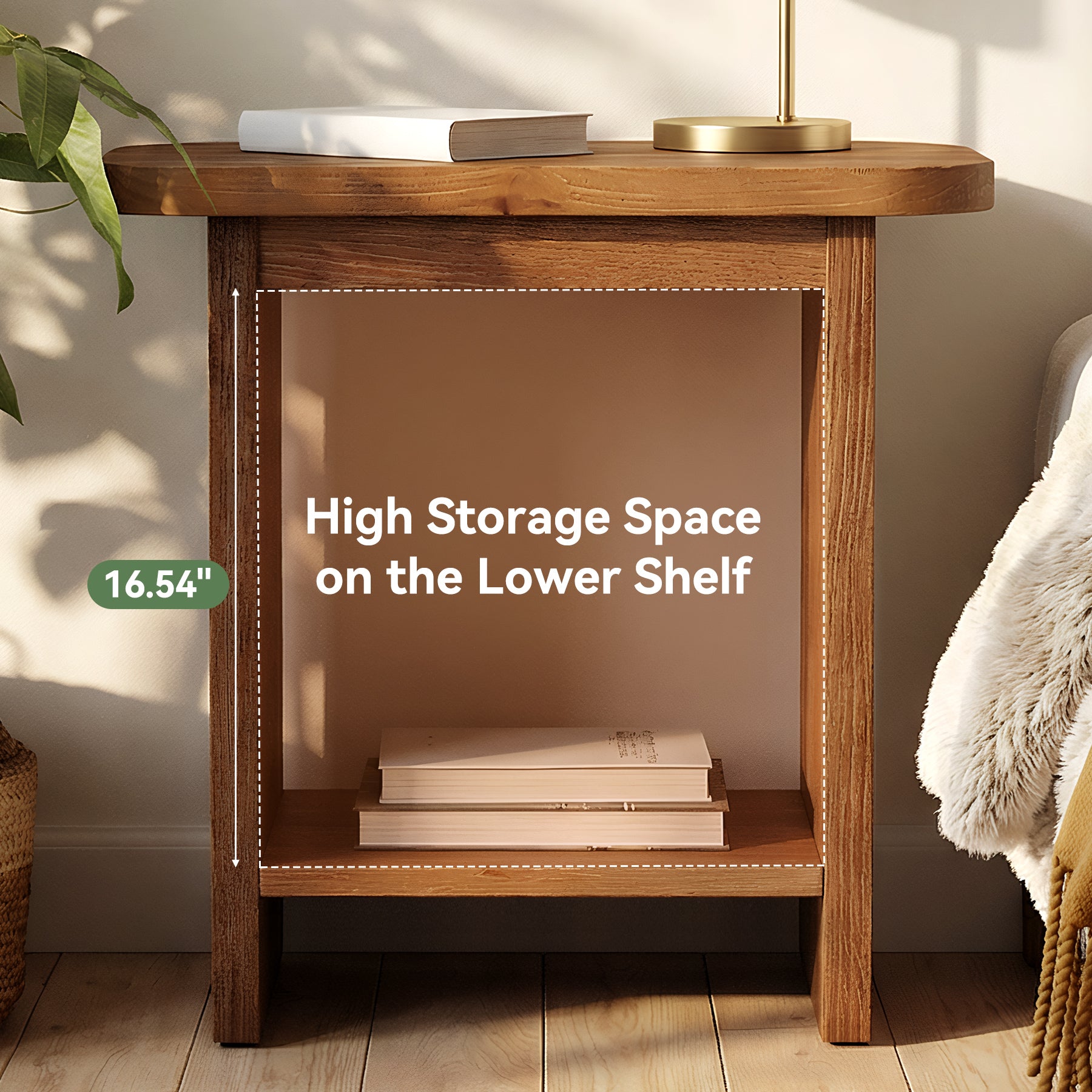 Solid Wood End Table, H-Shaped 2-Tier Side Table with Storage Shelf