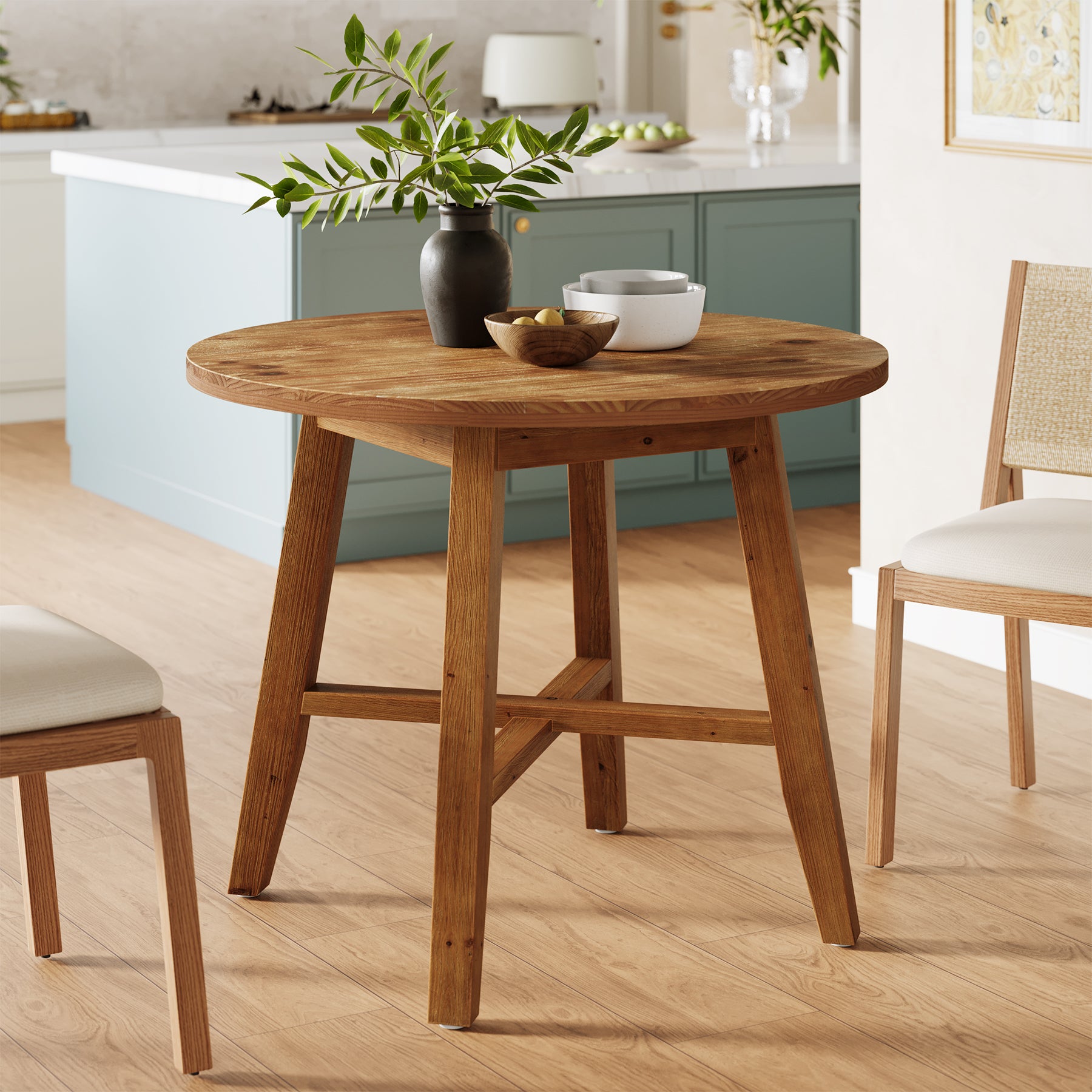 Solid Wood Round Dining Table, 31.5" Farmhouse Kitchen Table for 2-4