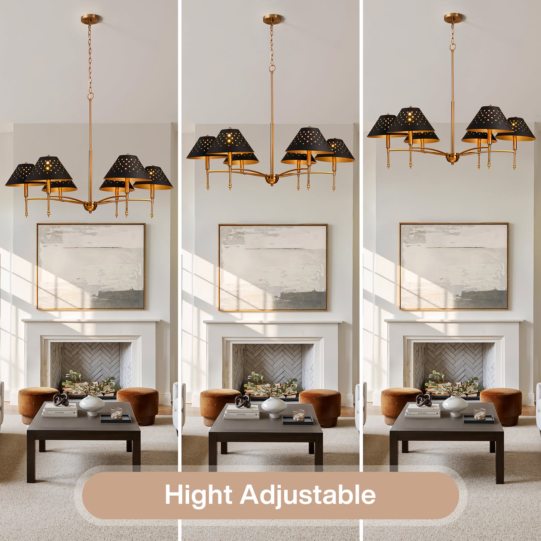 6-Light Chandelier with Matte Black Lampshade, 35" Farmhouse Height Adjustable Pendant Light Fixture