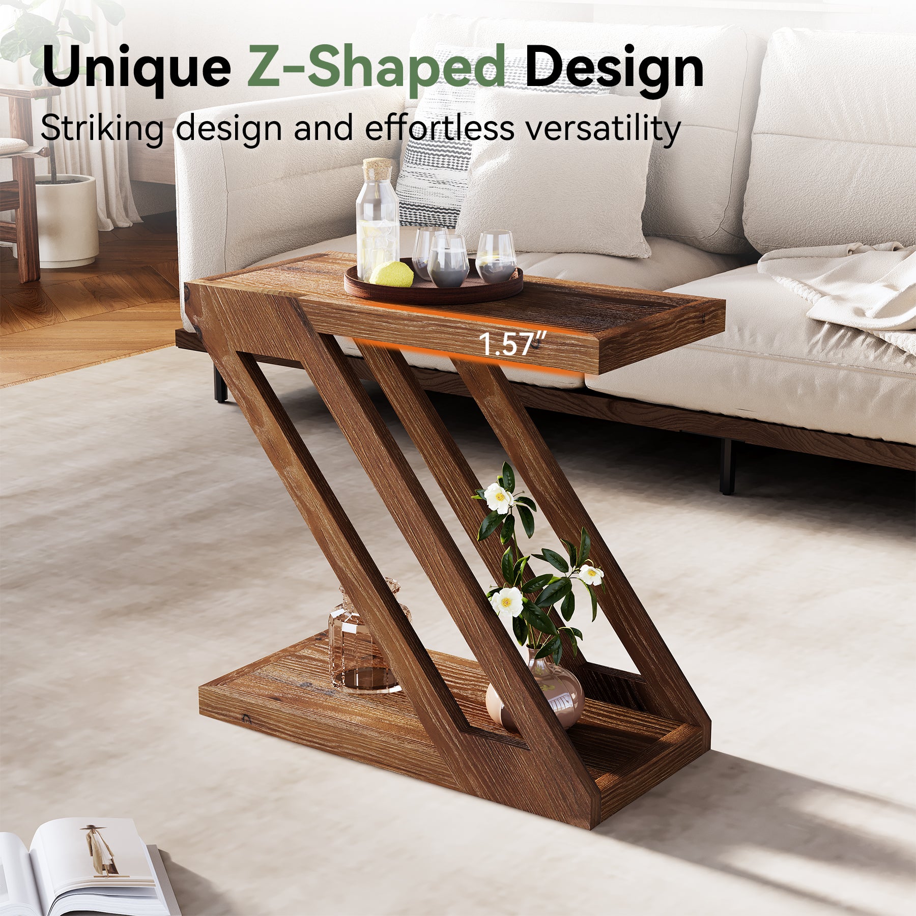 Solid Wood End Table, Z-Shaped Side Table with 2-Tier Storage