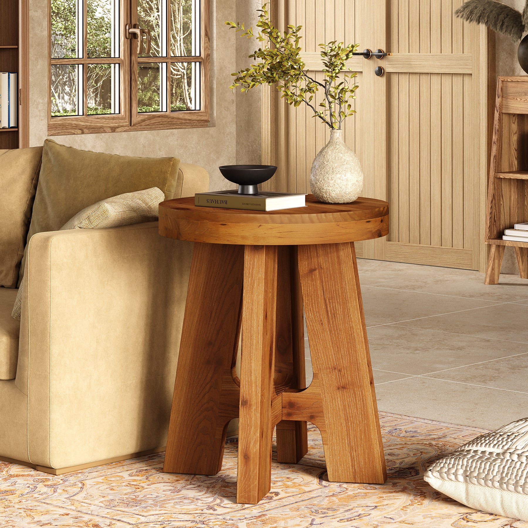 Solid Wood End Table, Round Side Table with Heavy-Duty Legs for Couch