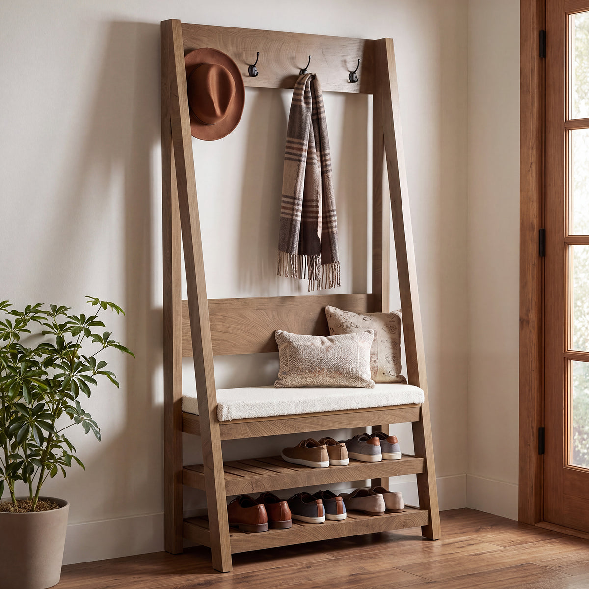 70.9" Hall Tree with Upholstered Bench and Shoe Storage, 4-in-1 Coat Rack for Hallway