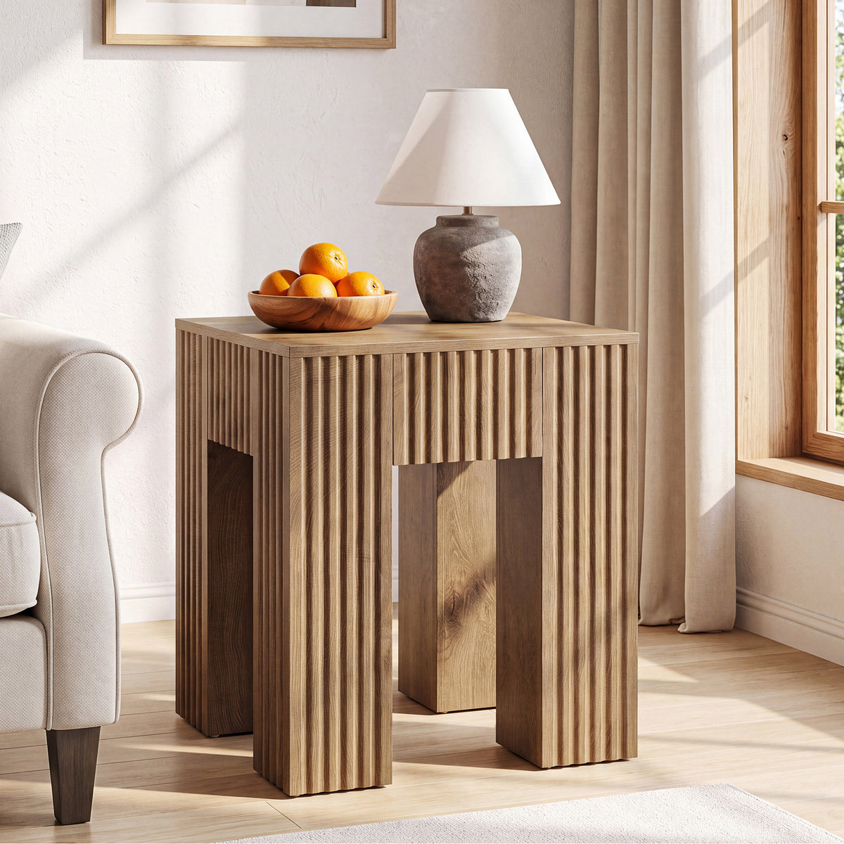 Square Fluted End Table, Farmhouse Side Table for Living Room, Bedside Nightstand