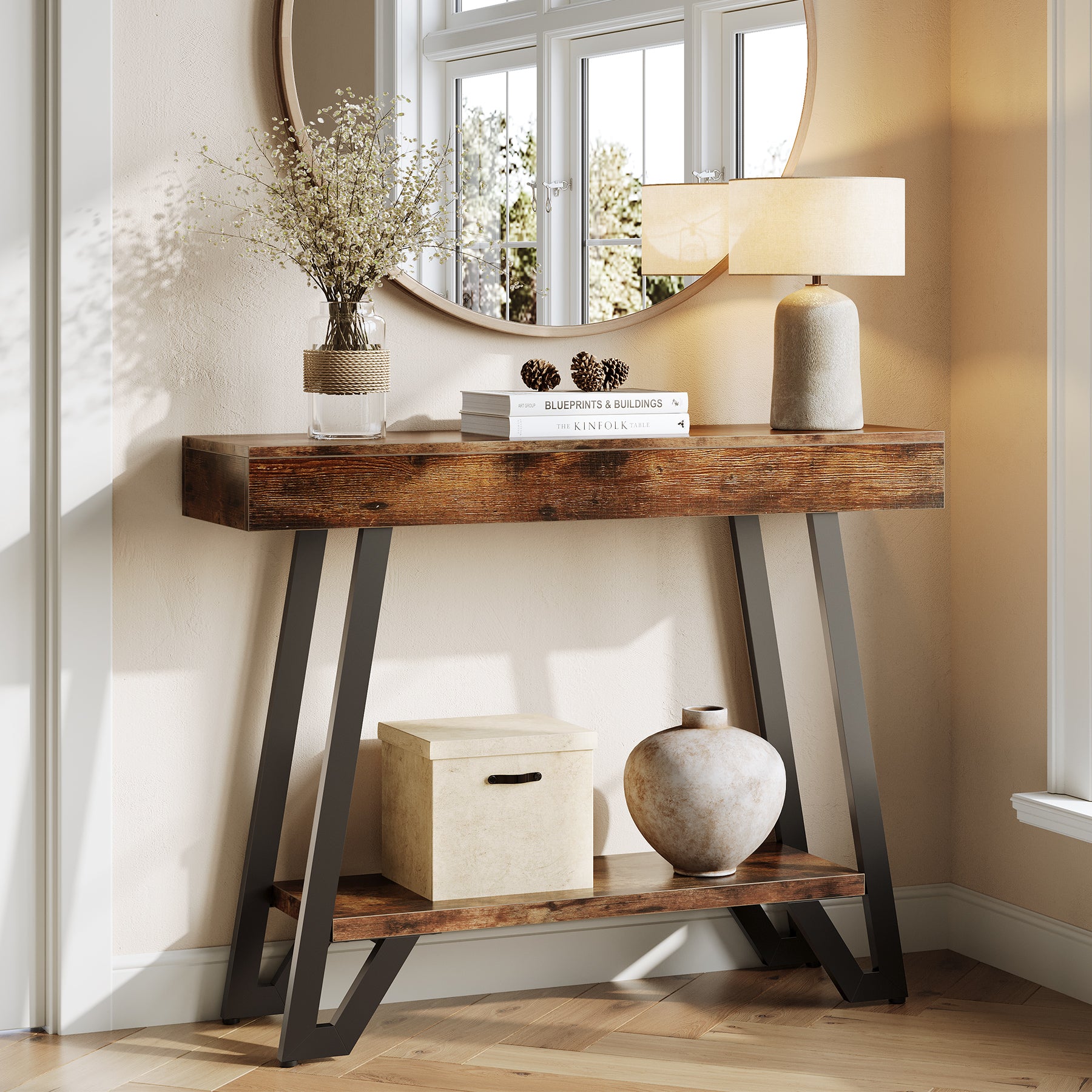 41“ Industrial Console Table with Geometric Metal Frame, 2-Tier Rustic Entryway Sofa Table