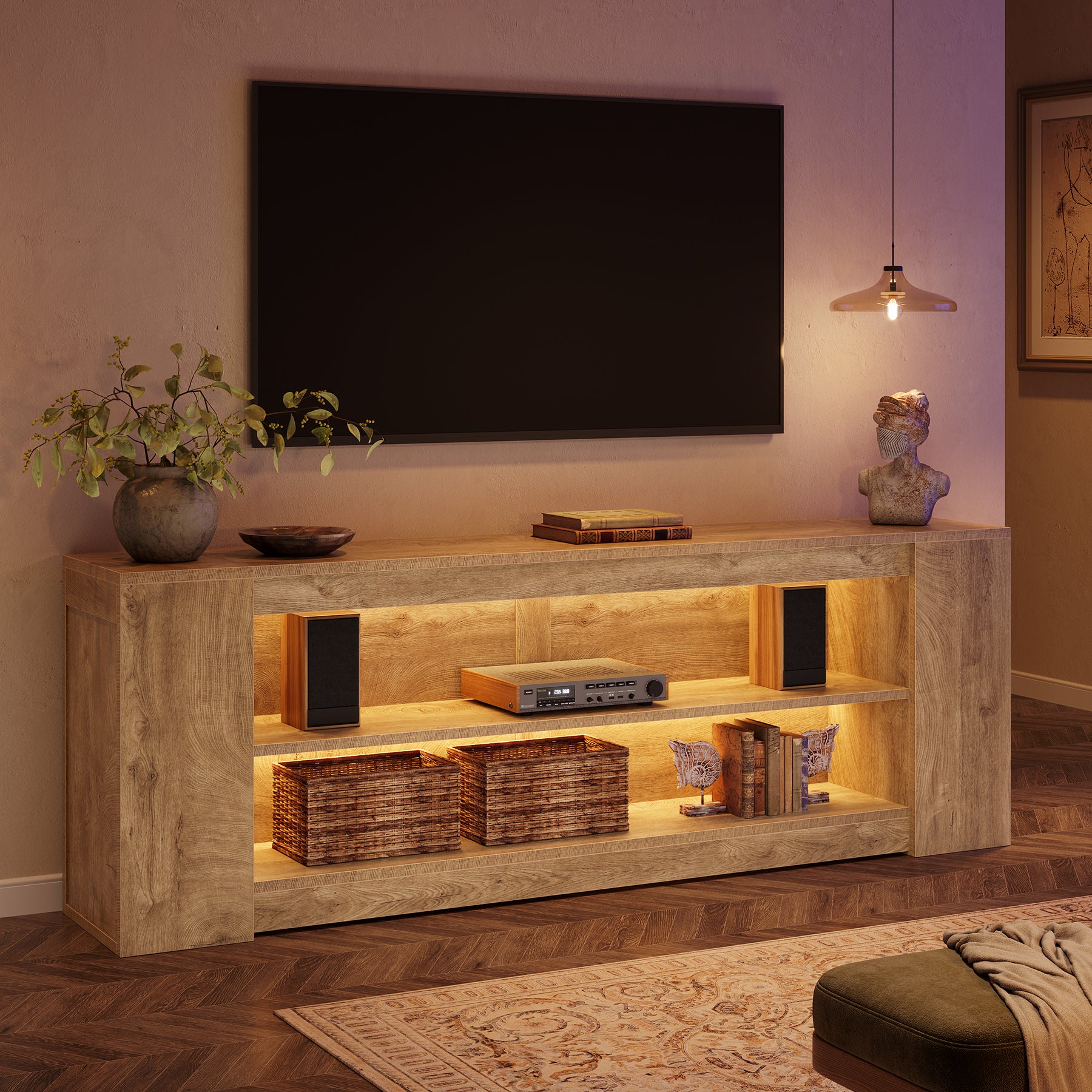 78" LED Light TV Stand for TVs up to 90", 3 Tiers Farmhouse Entertainment Center with Open Storage Shelves