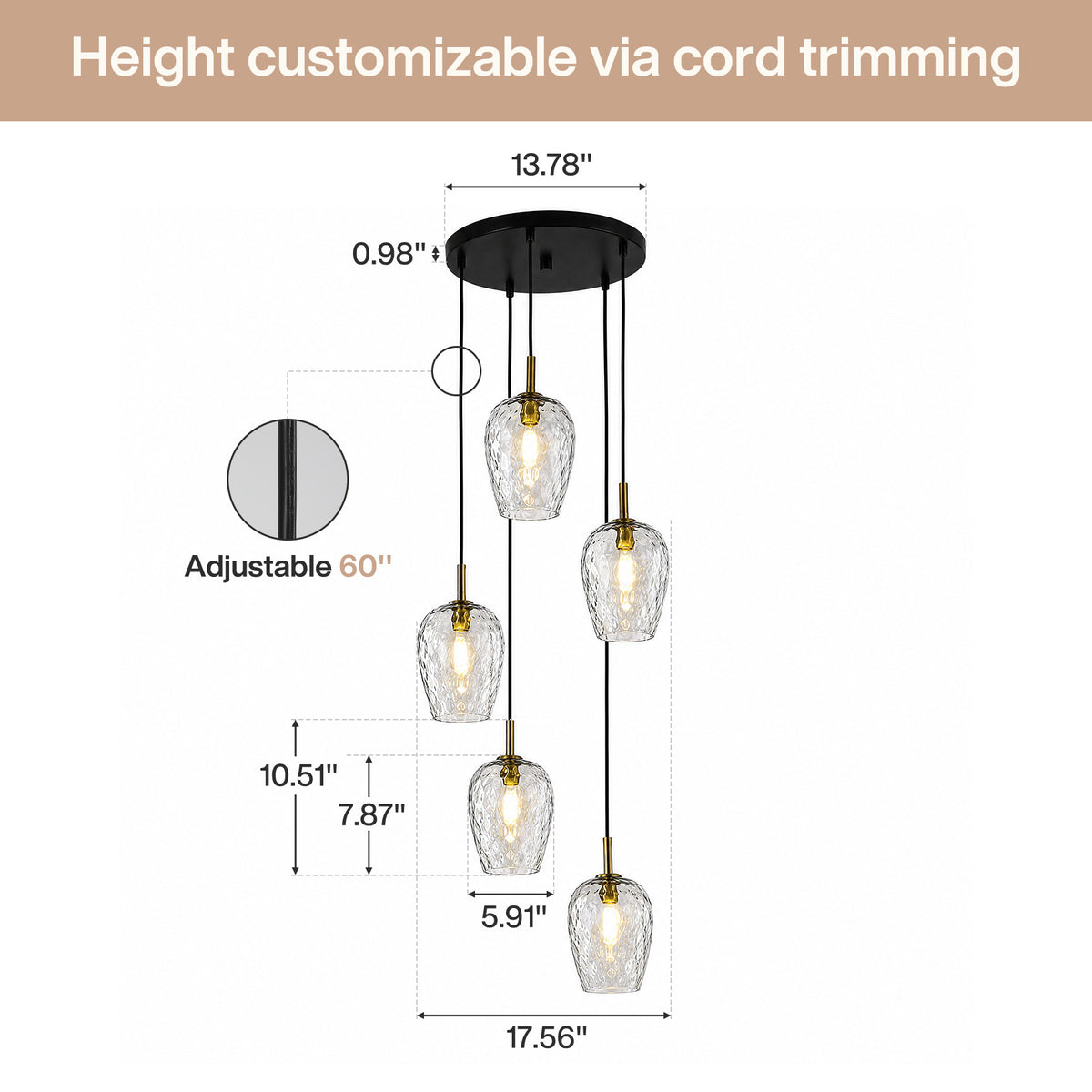 5-Light Hammered Glass Pendant Light, Modern Light Fixtures with Adjustable 60" Cord