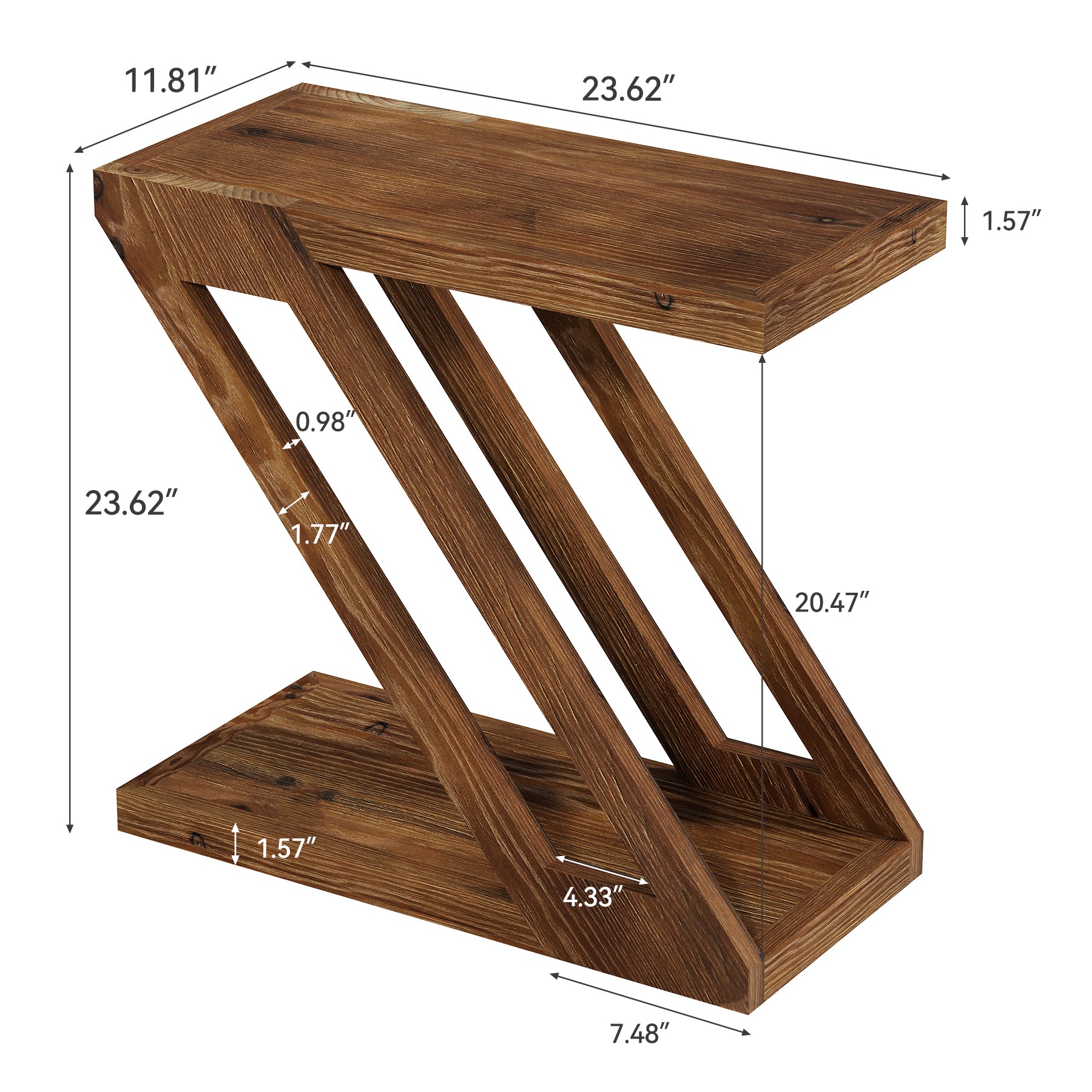Solid Wood End Table, Z-Shaped Side Table with 2-Tier Storage