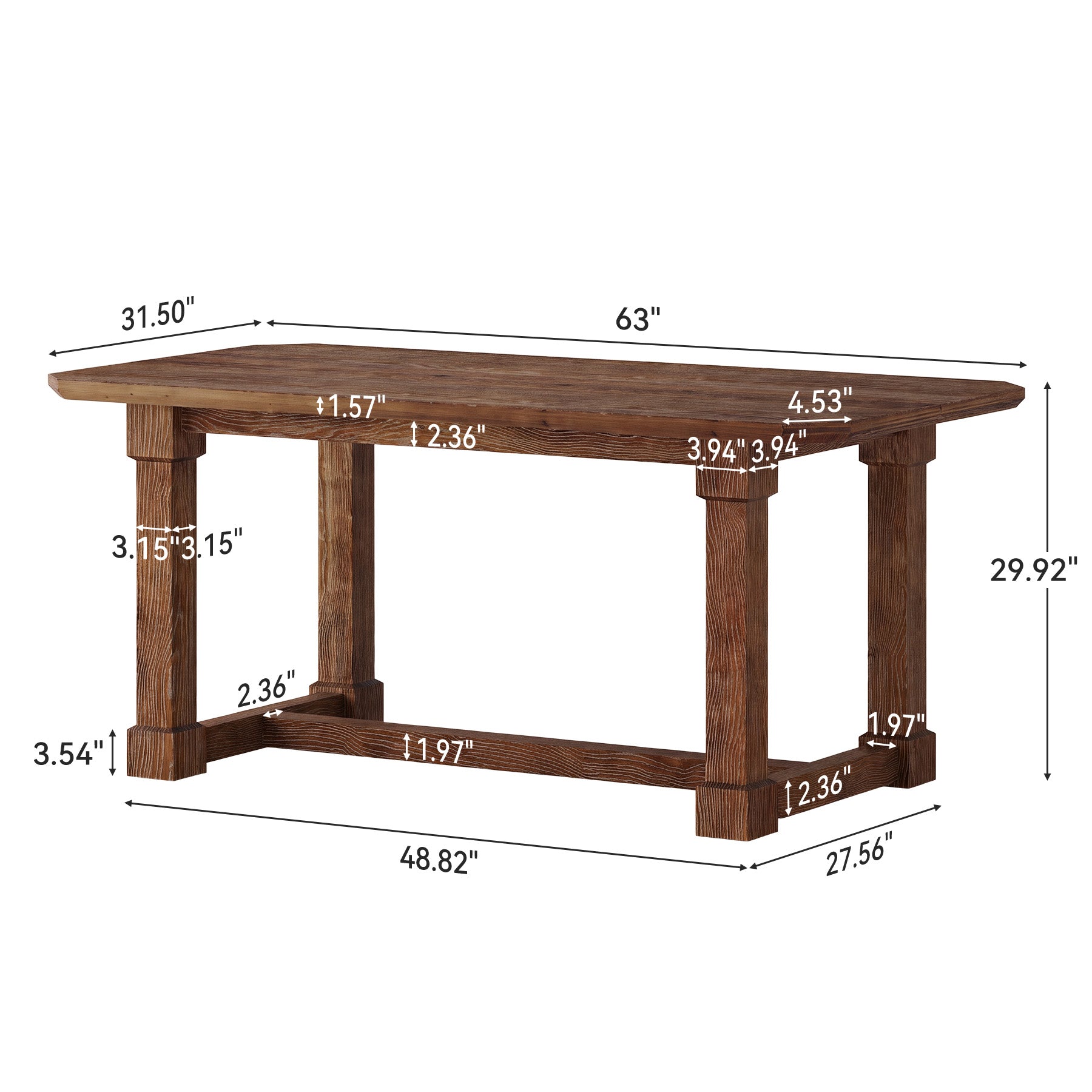 63" Solid Wood Dining Table for 4–6, Farmhouse Rectangular Kitchen Table with Heavy-Duty Legs & Crossbar Support