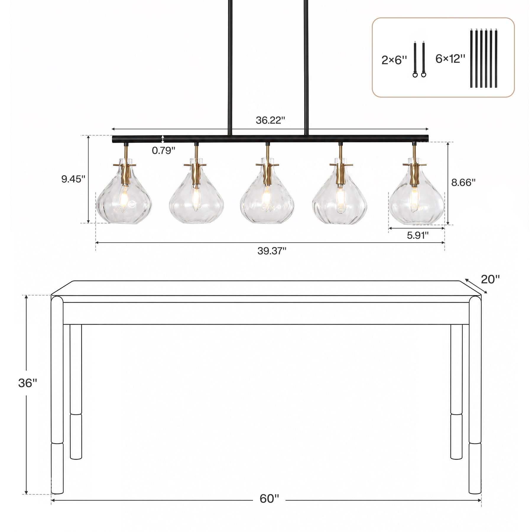 5 Light Pendant Light, Linear Chandelier with Ripple Glass Shades & Adjustable Height