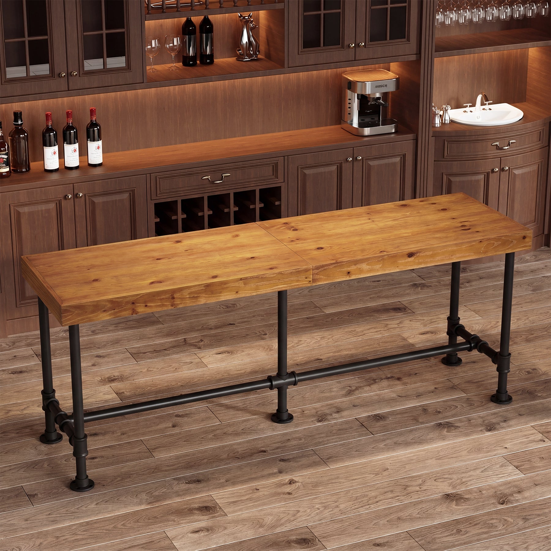 70.87" Solid Wood Bar Table for 6-8 People, Industrial Counter Height Pub Table