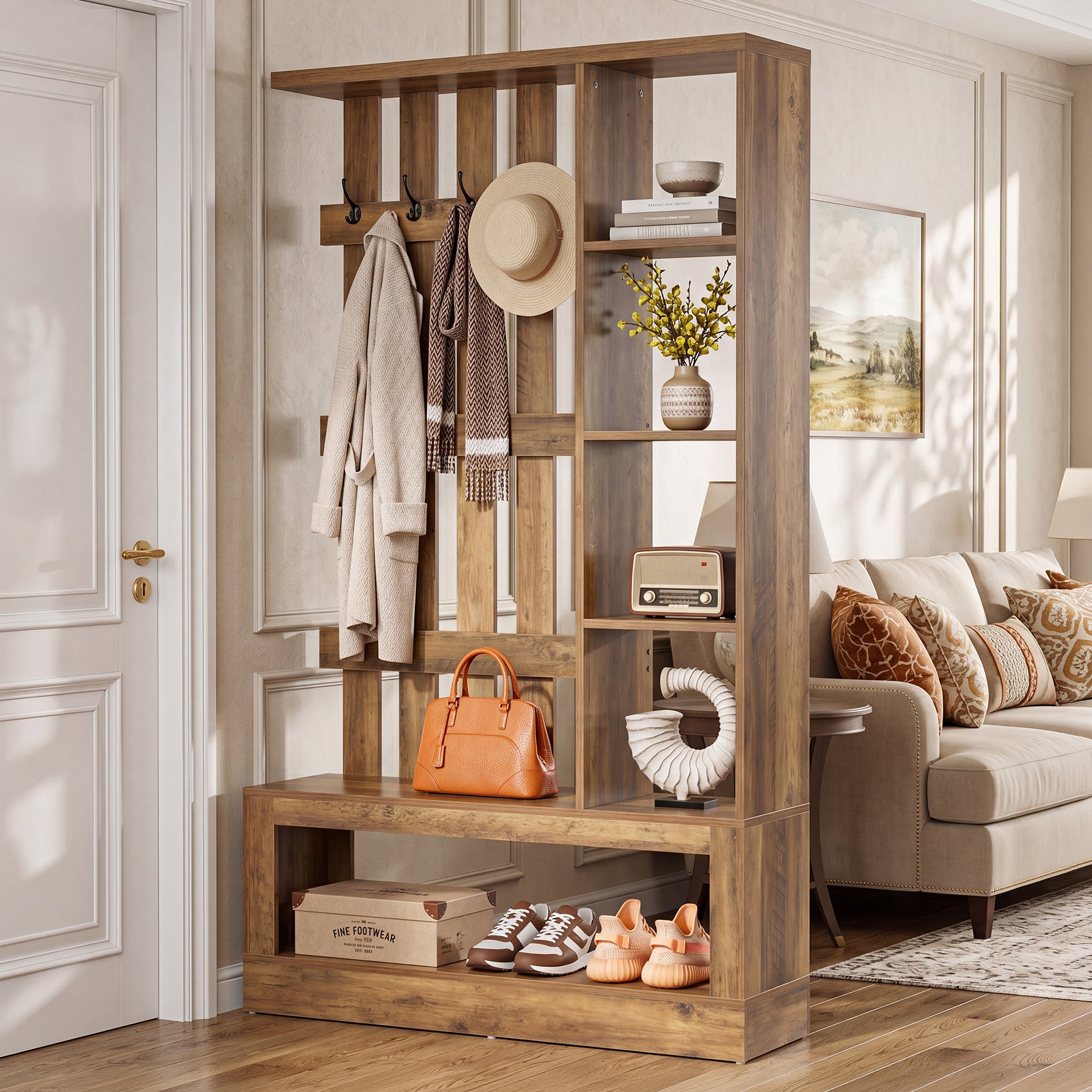 70.9'' Wall Room Divider With Shelves, Freestanding Wall Partition With Coat Rack
