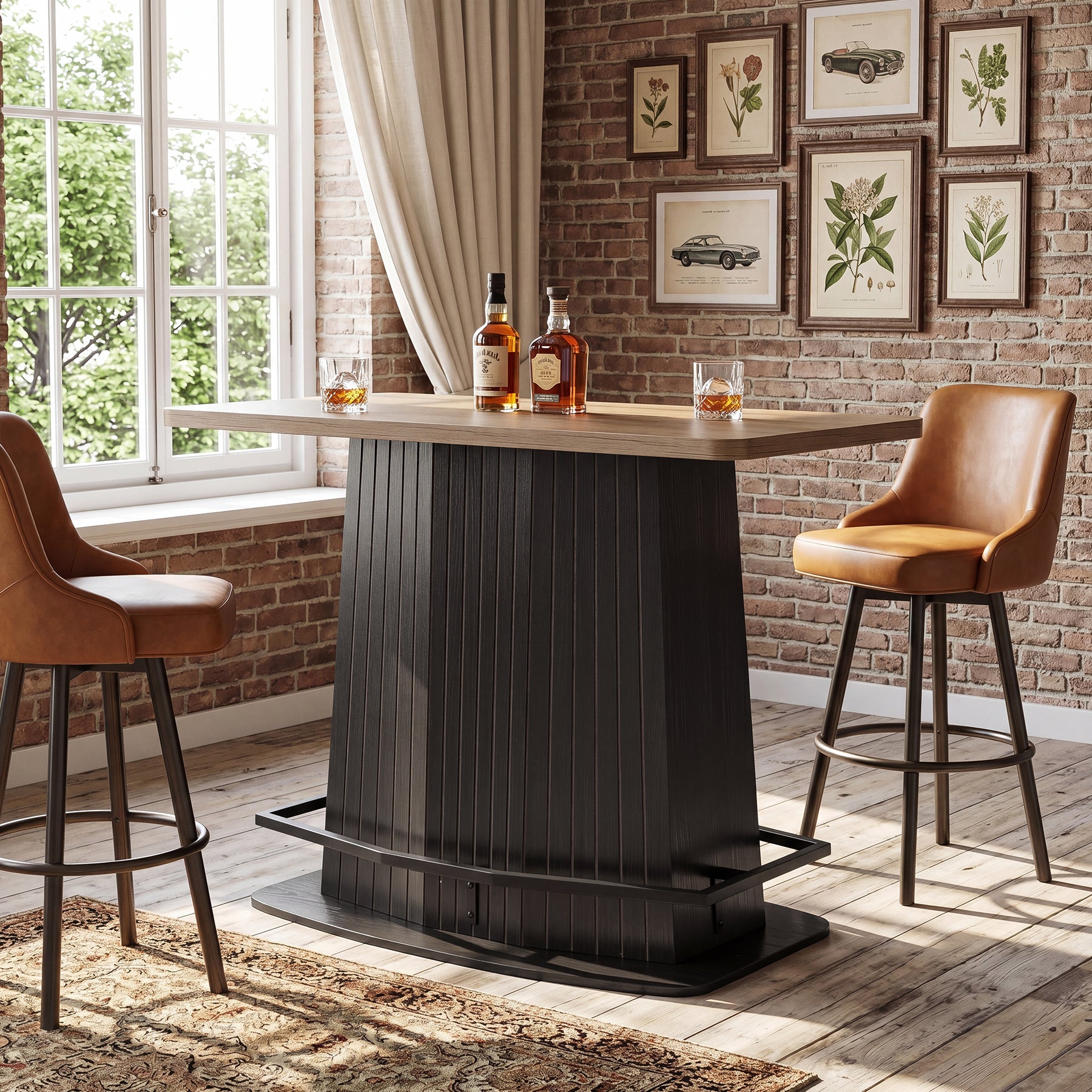 47" Bar Table, Industrial Counter Height Pub Table with Fluted Pedestal Base