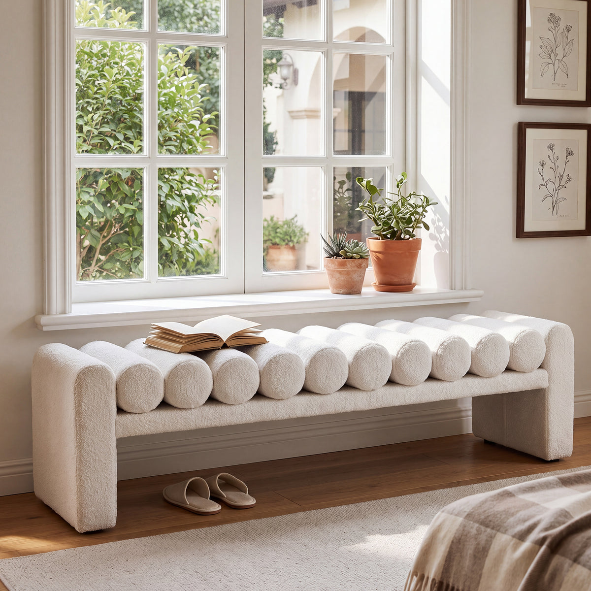 63" Modern Upholstered Entryway Bench with Removable Faux Lamb Wool Roll Cushions