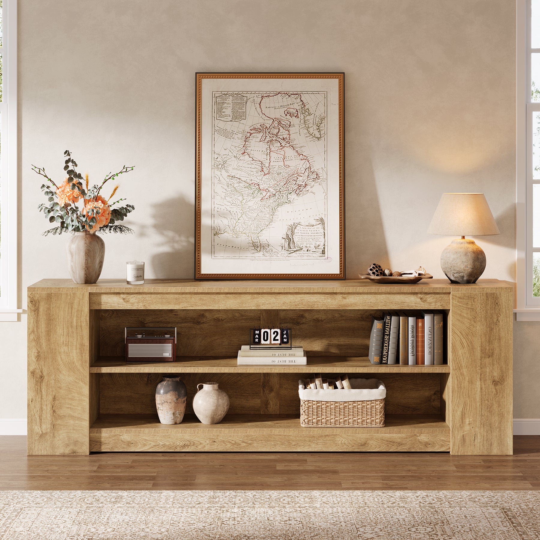 78" LED Light TV Stand for TVs up to 90", 3 Tiers Farmhouse Entertainment Center with Open Storage Shelves
