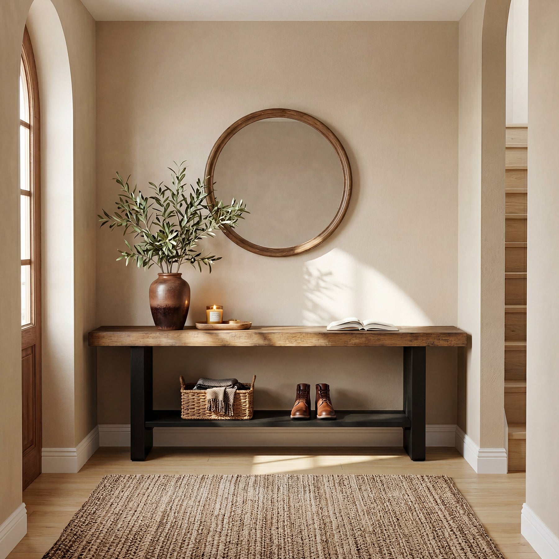 55" Solid Wood Entryway Bench, 2-Tier Farmhouse Bench with Shoe Storage