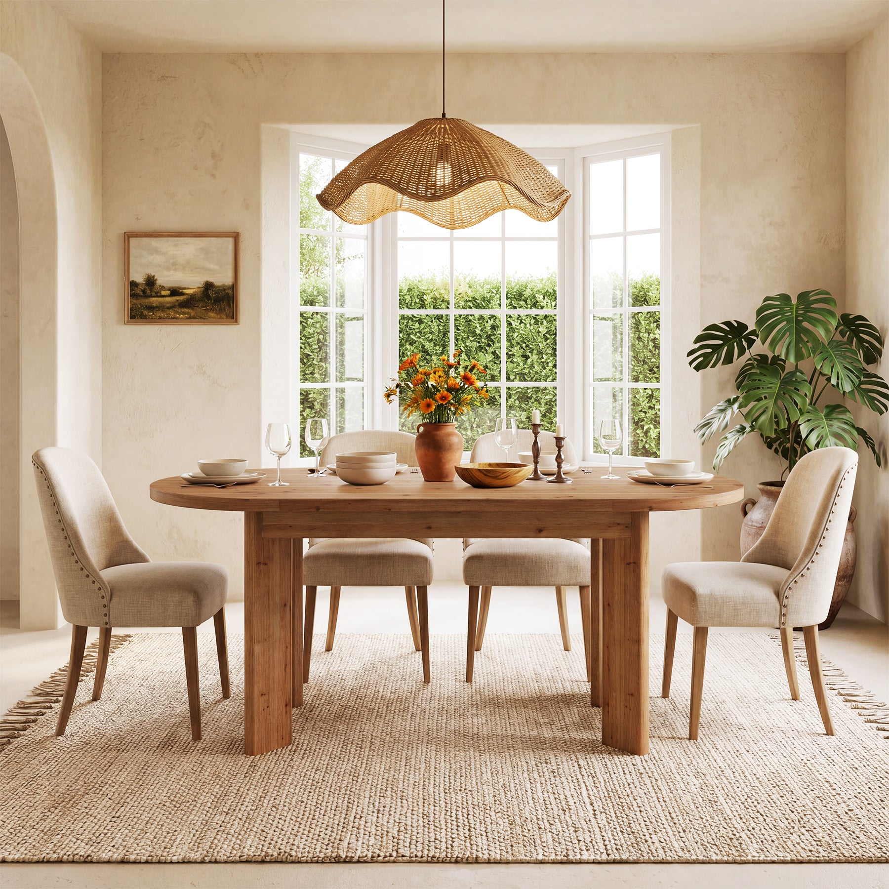 63" Oval Dining Table, Farmhouse Solid Wood Kitchen Table with Chunky Legs for 4-6 People