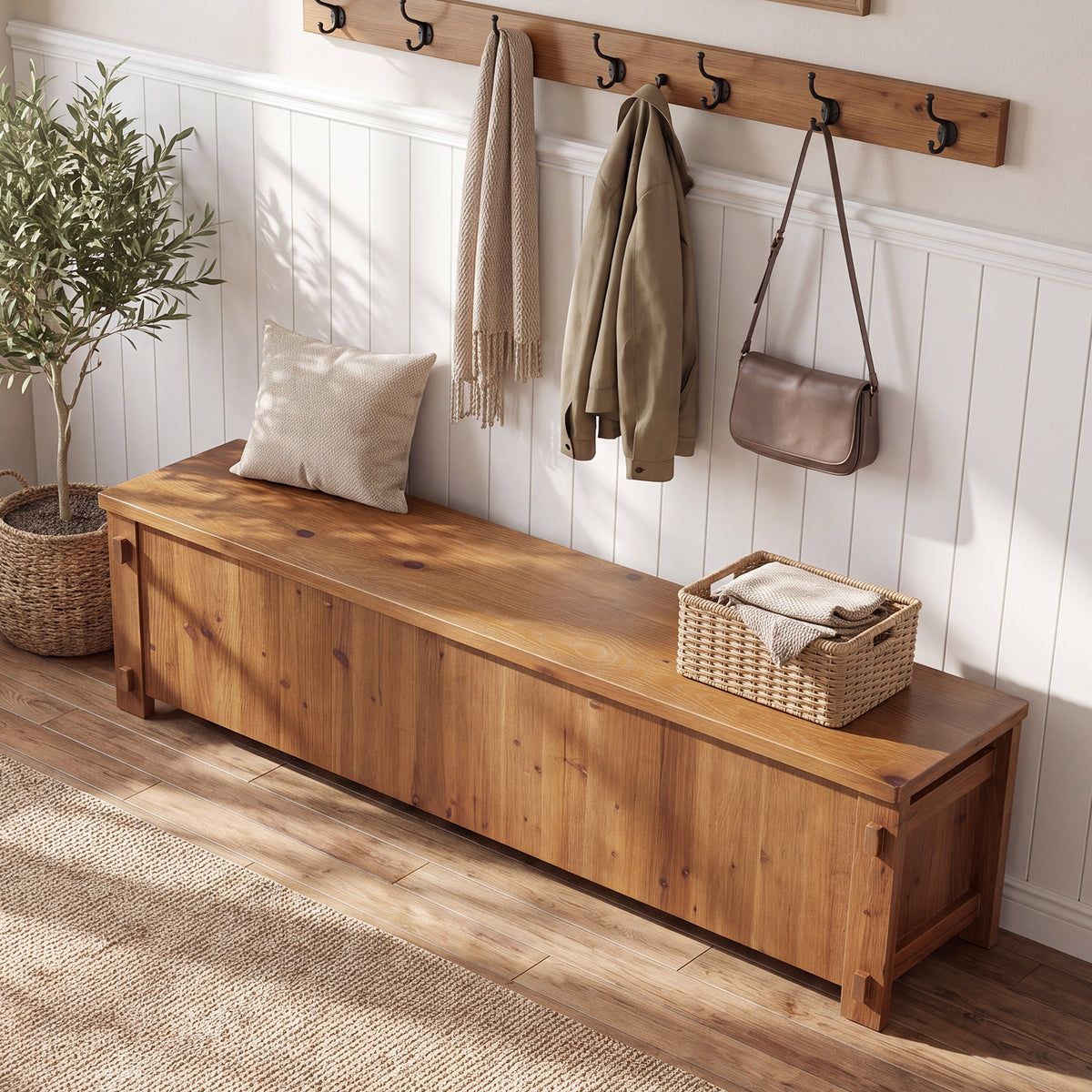 63" Solid Wood Storage Bench, Farmhouse End of Bed Bench with Soft-Close Lid for Bedroom