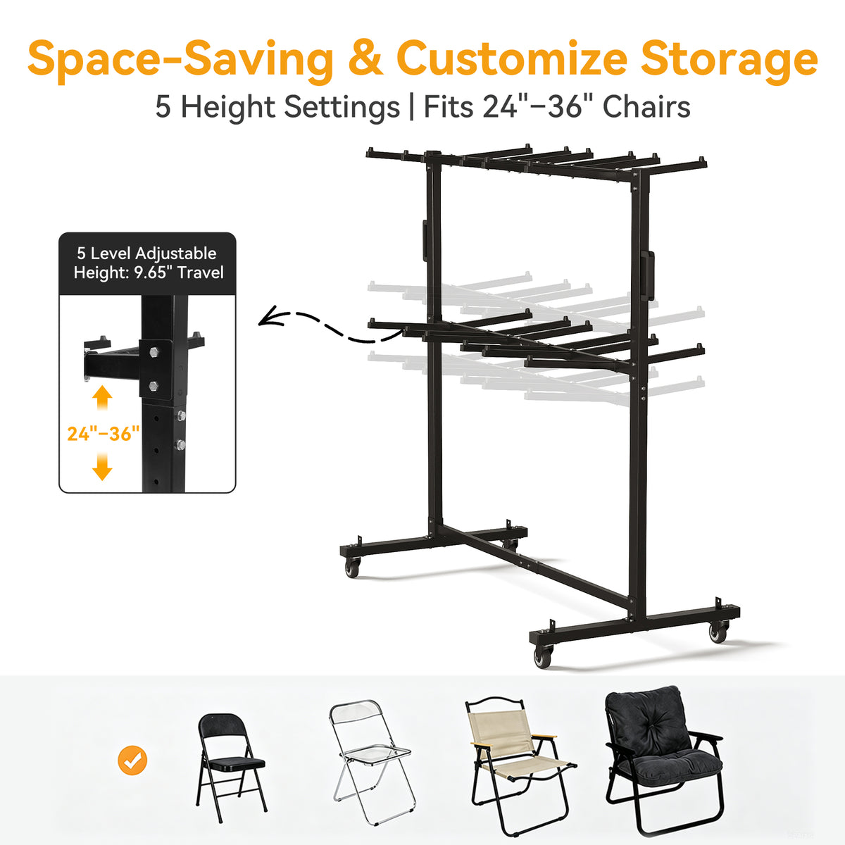 Heavy-Duty Folding Chair Rack On Wheels for Up to 84 Chairs or 12 Tables+42 Chairs, 800 LBS Capacity