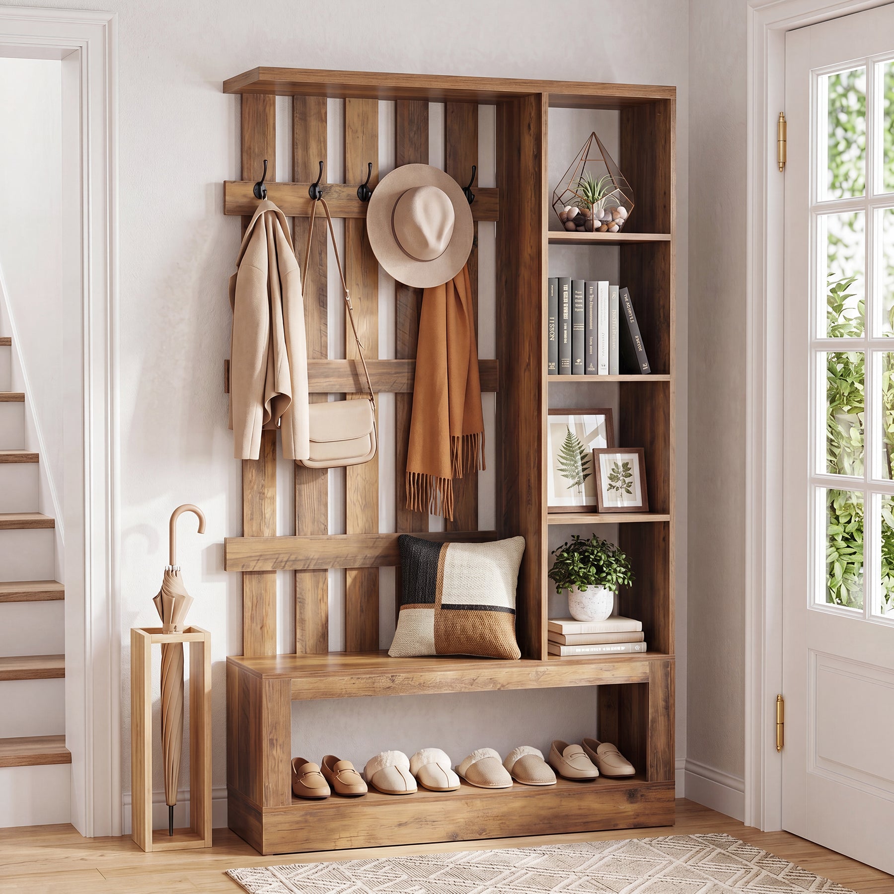 4-In-1 Farmhouse Hall Tree, 70.87" Entryway Coat Rack with Storage Bench