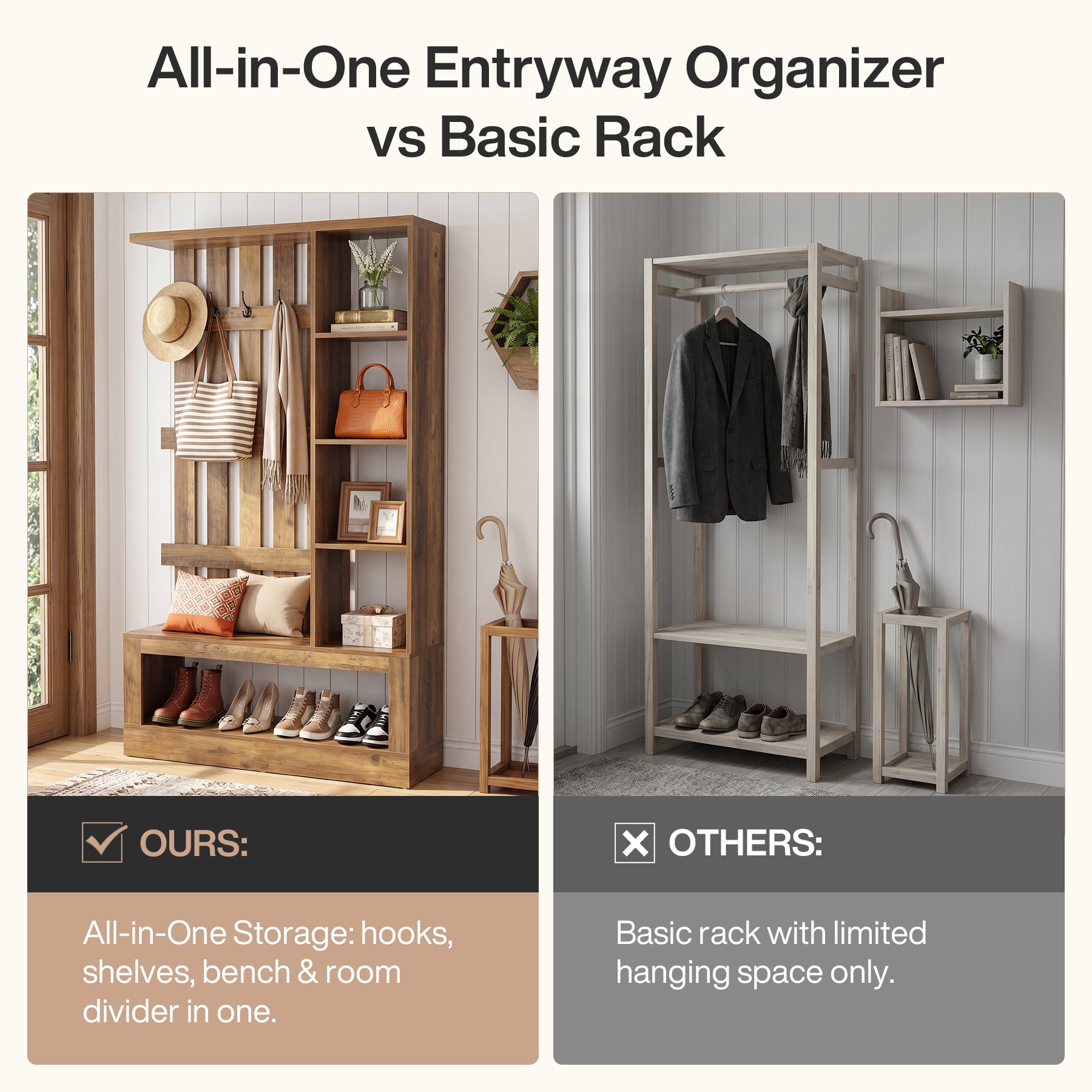 4-In-1 Farmhouse Hall Tree, 70.87" Entryway Coat Rack with Storage Bench