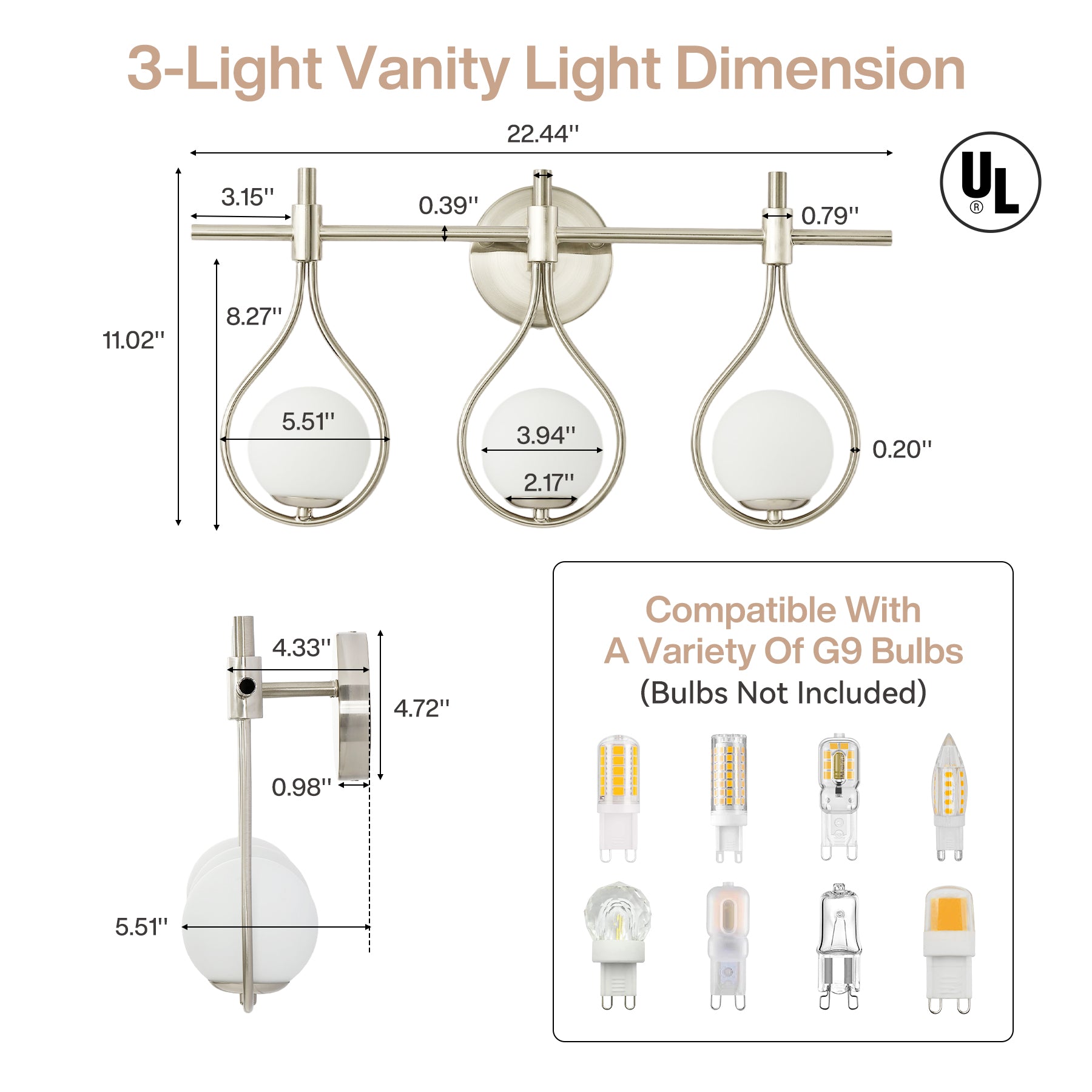 3-Light Bathroom Vanity Light, 22.5" Wall Lighting Fixture with Glass Shades