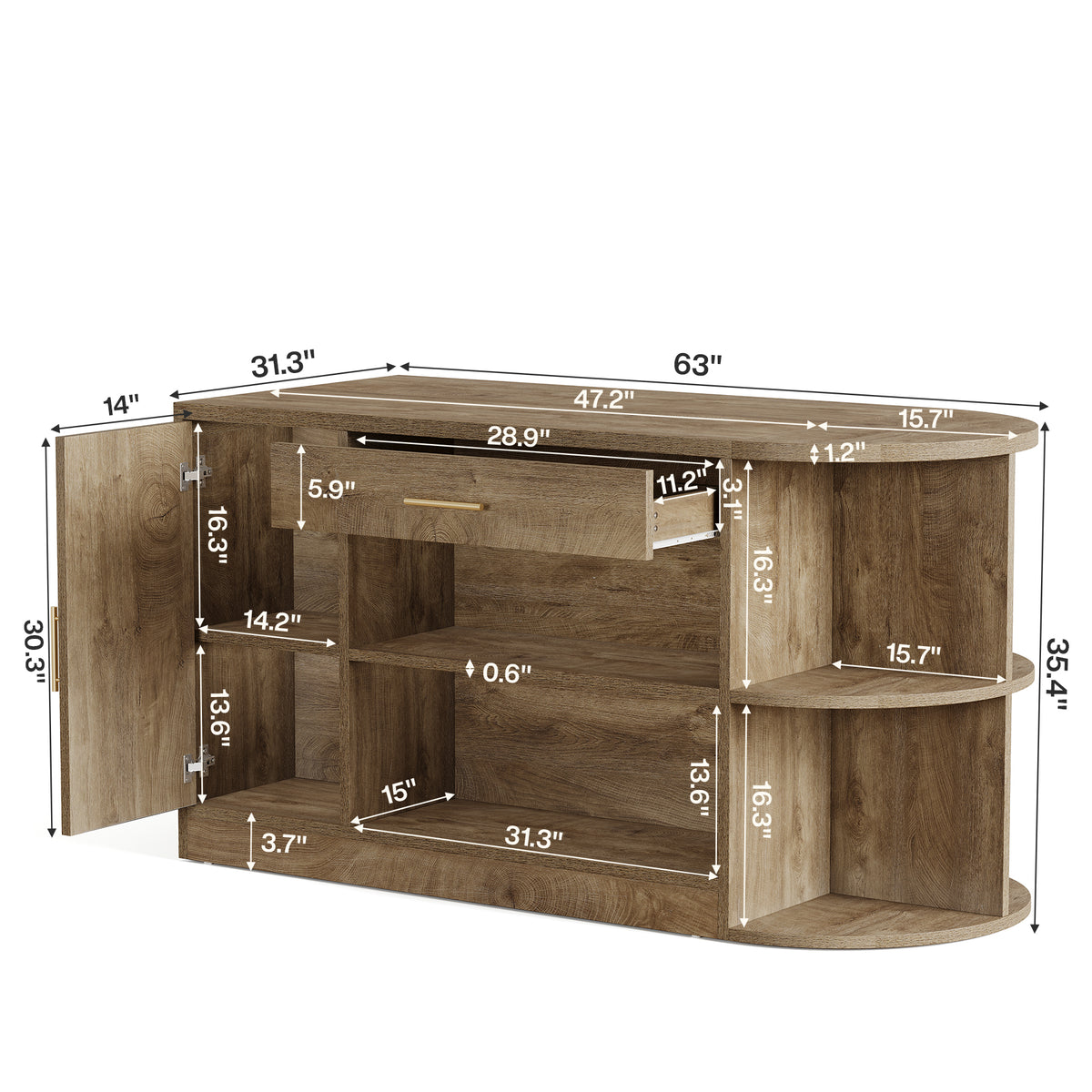 63" Home Bar Table with Drawer, Cabinet and Open Shelves for Kitchen