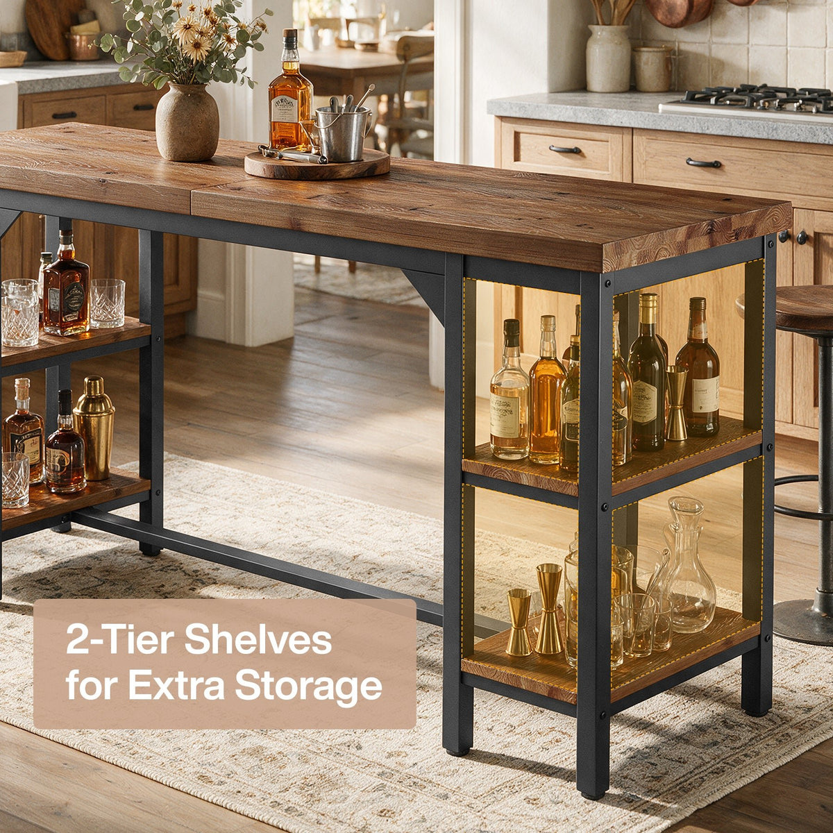 79" Industrial Bar Height Table with 2-Tier Side Storage, Rectangular Pub Table