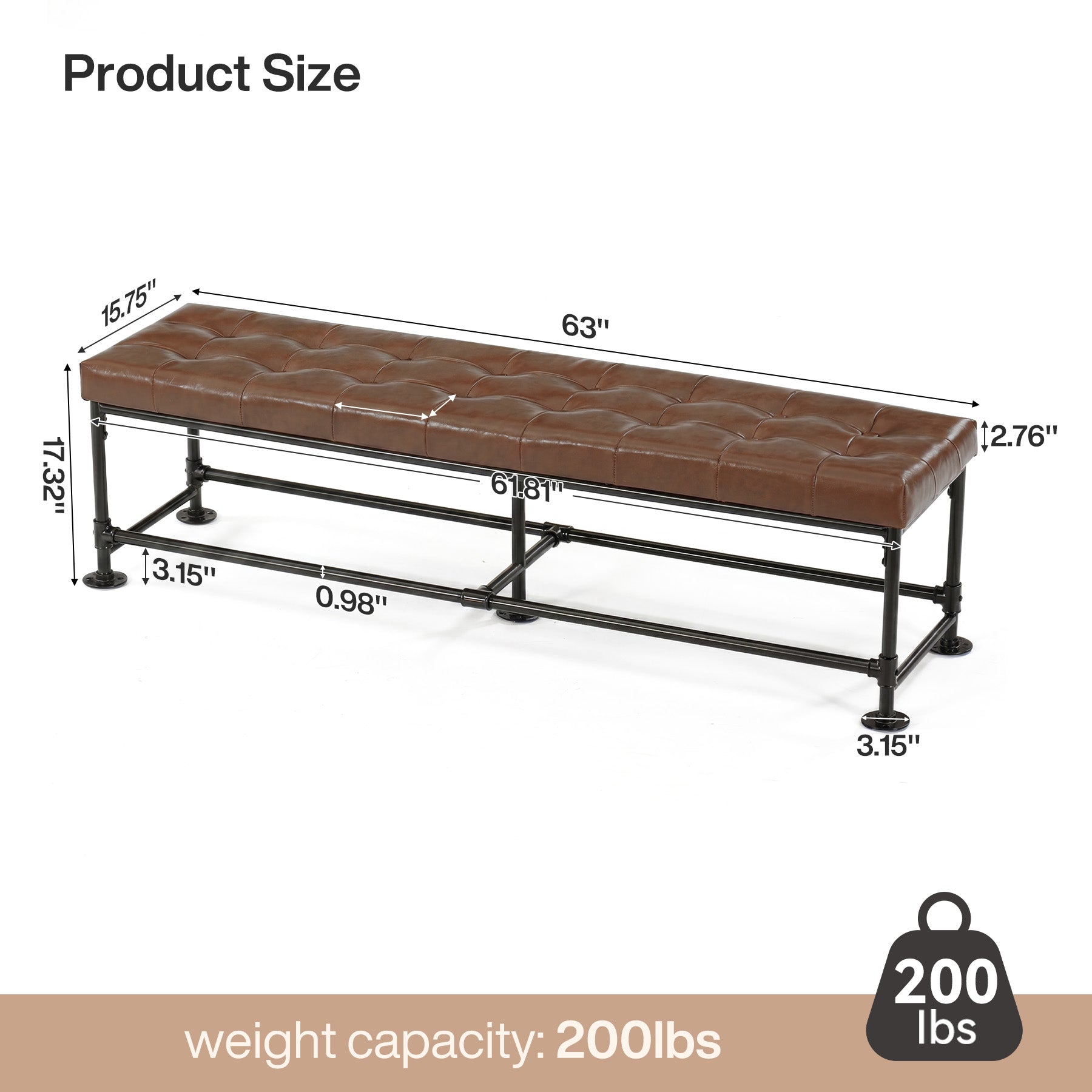 63" Upholstered Entryway Bench with Faux Leather Cushion, Industrial Shoe Bench for Hallway, Foyer & Living Room