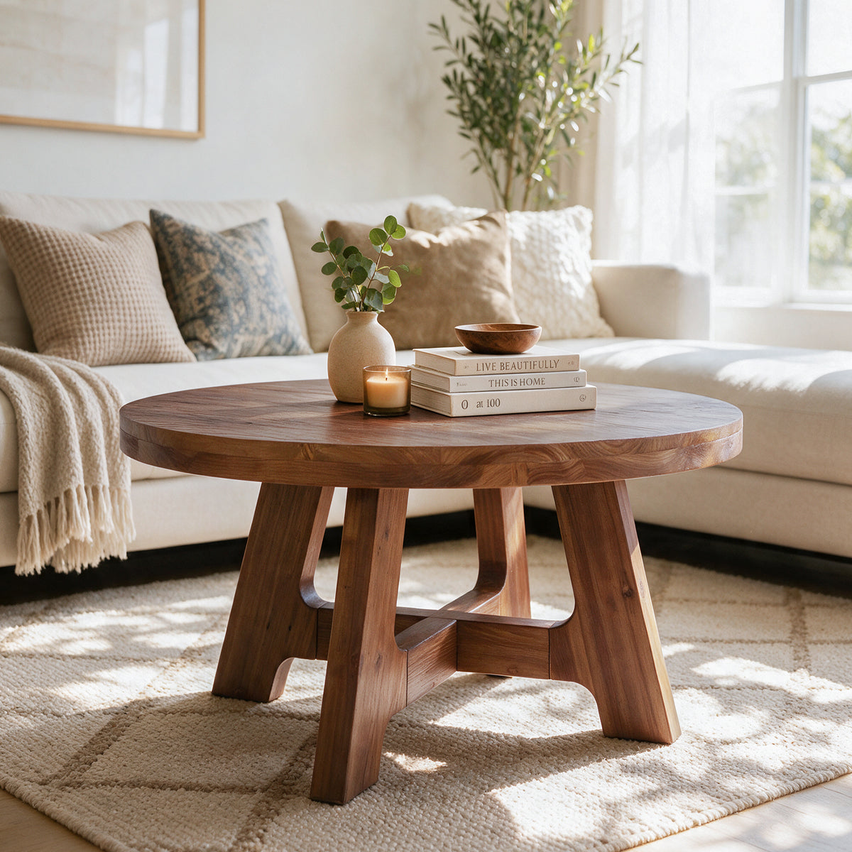 32" Round Solid Wood Coffee Table, Farmhouse 2" Thick Top & Tapered Legs