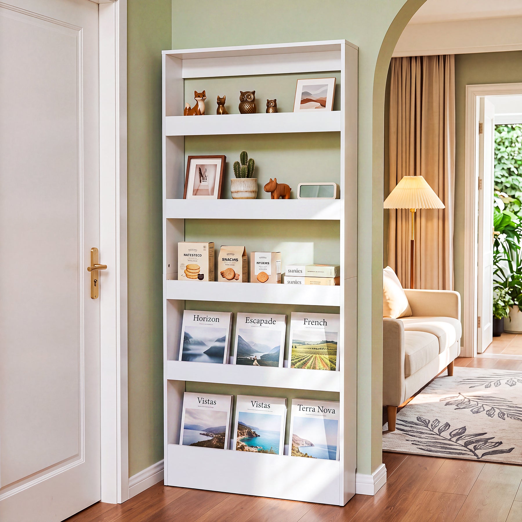 70.8" Slim Bookcase, 5-Tier Bookshelf Wall Mounted Organizer for Living Room & Kitchen