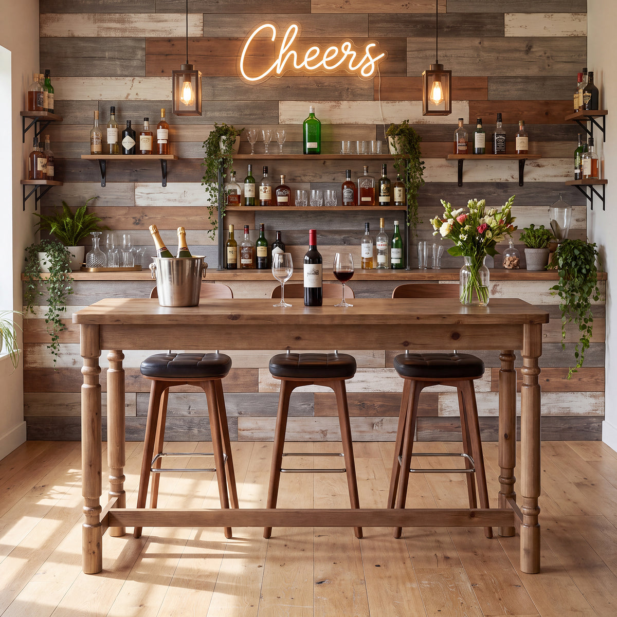 63" Solid Wood Bar Table for 4-6 with Footrest, Kitchen & Home Bar Pub Table